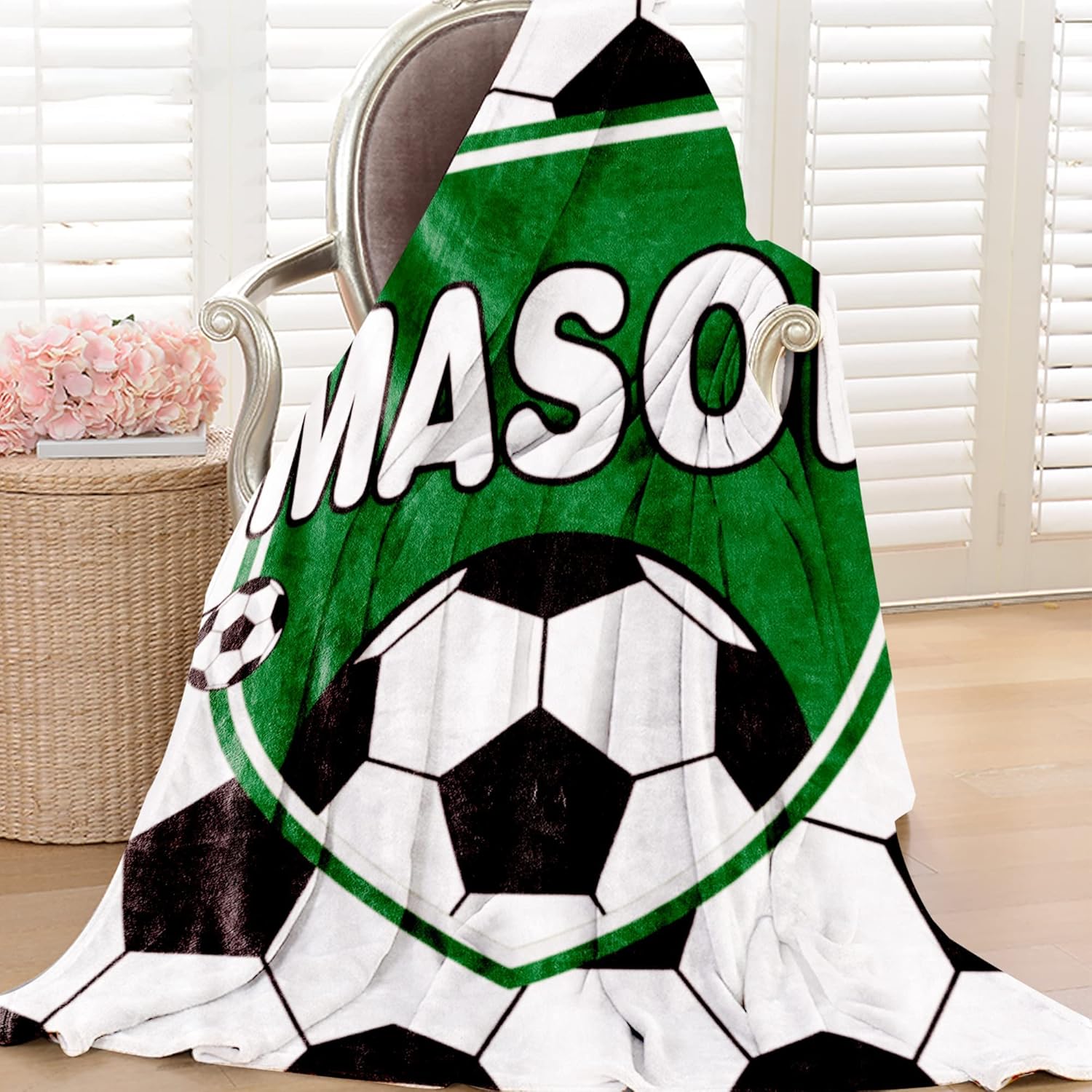 Personalized Soccer Blanket with Name for Boys, Custom Name Blanket for Kids, Soft Flannel Soccer Toddler Blanket Customized Gift for Birthday Christmas Baby Shower Newborn Gift 60/in X 80/in