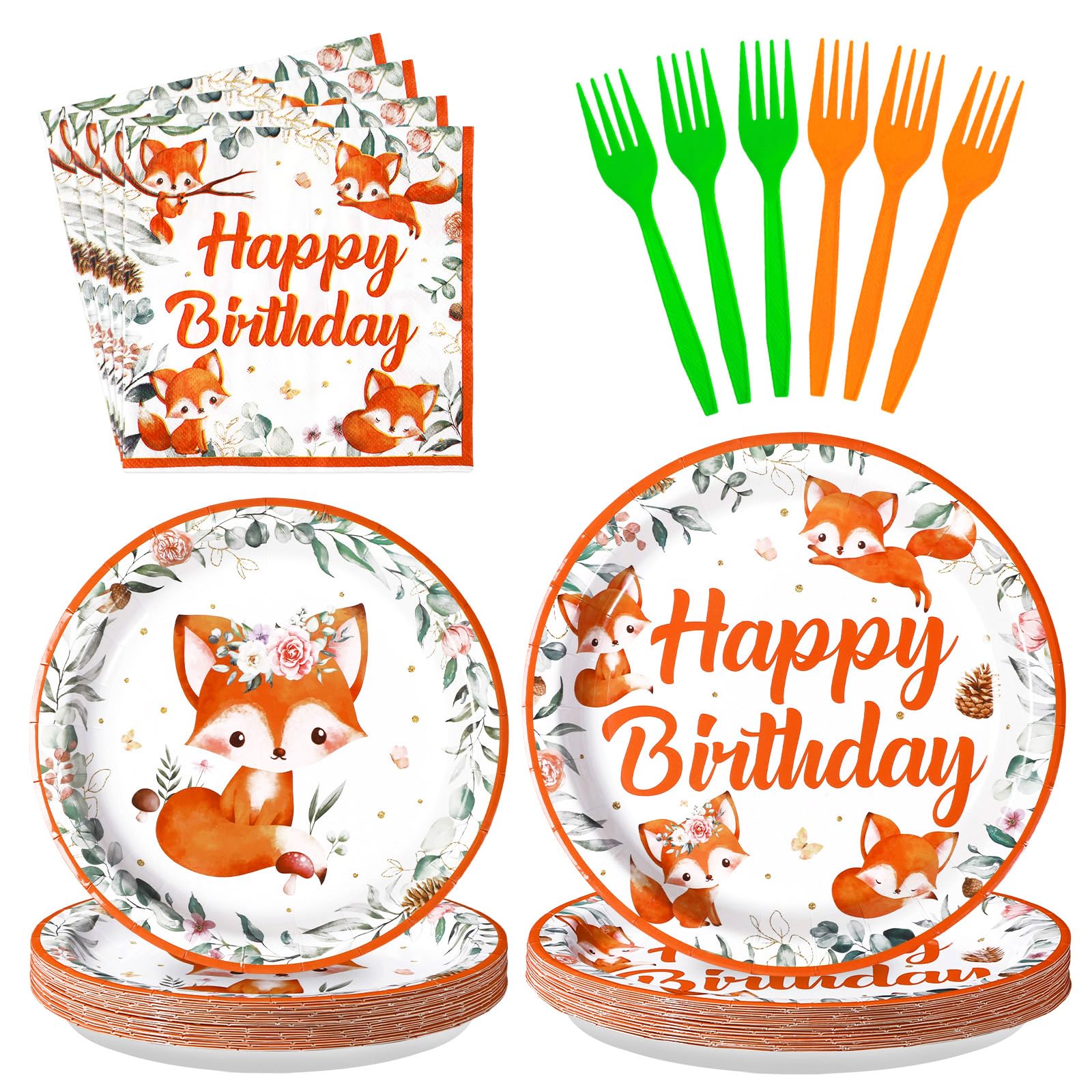 96Pcs Fall Fox Birthday Party Decorations Fall Thanksgiving Paper Plates and Napkins Animal Tableware for Girl Boy Fox Theme Baby Shower Birthday Party Decorations Serves 24