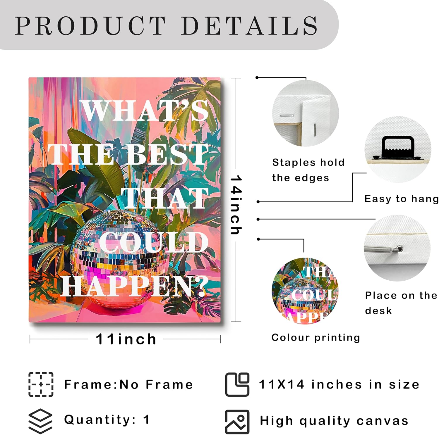 JWVK What's the Best that Could Happen Sign Canvas Wall Art Prints, Eclectic Home Decor, Trendy Funky 70s Retro Disco Ball Inspirational Positive Wall Decor Posters for Home Office, 11x14 Inch Framed