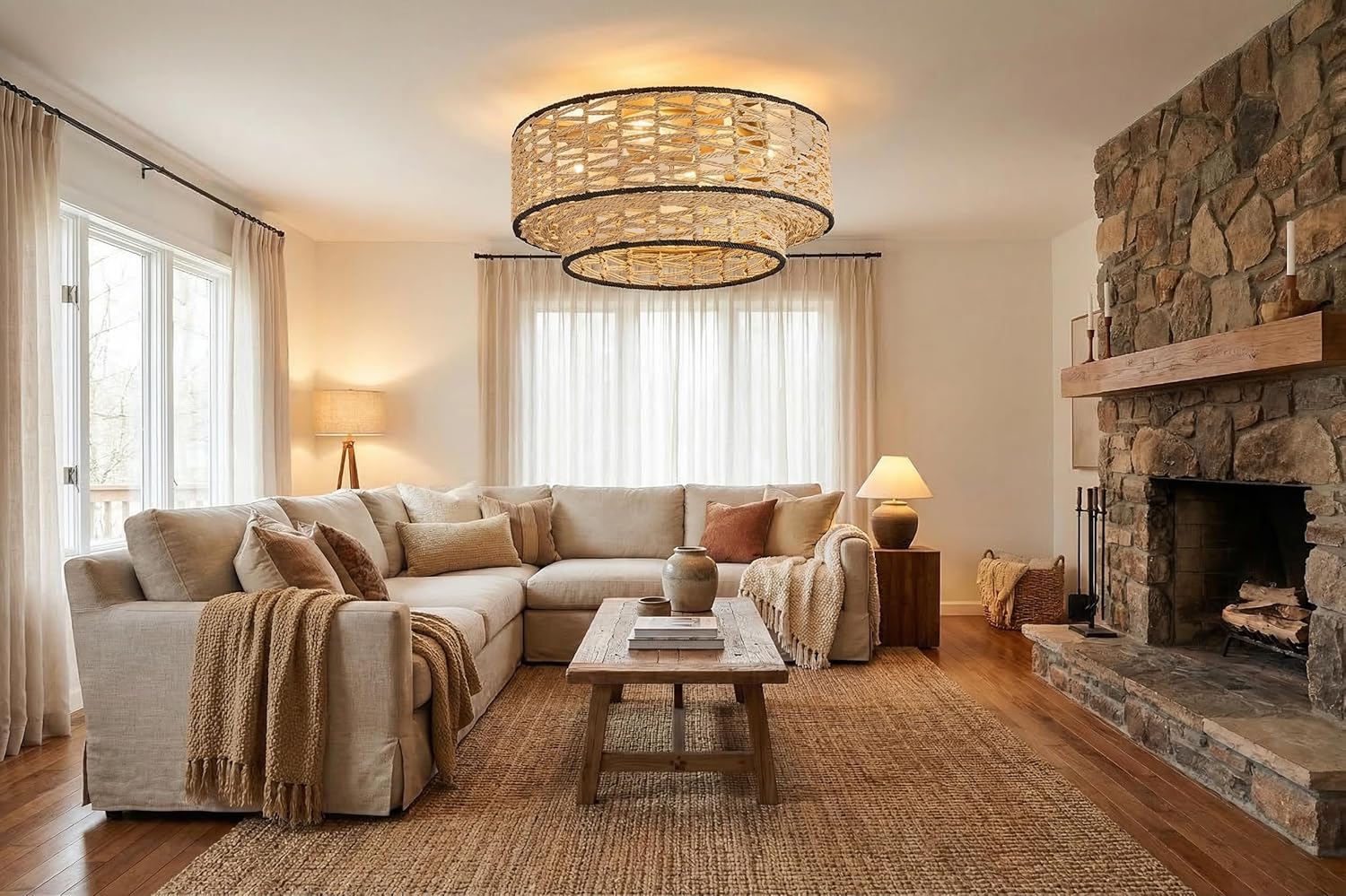 20" Boho Ceiling Fan Light with Remote Control, Double Layer Hand Woven Toast-Colored Rattan with Black Trim Flush Mount Fan Light with Lights for Bedroom, Living Room, Kitchen