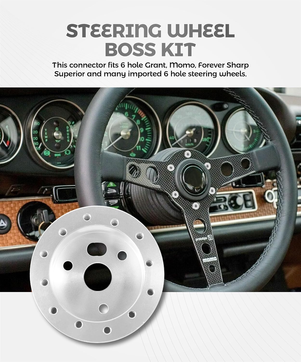 Steering Wheel Adapter,Car Accessories,Conversion Billet Aluminum Polished Short Steering Wheel Hub Adapter Spacer Kit,Used to Adapt 6-Hole Wheels to 3-Hole hHub Adapters (Silver)