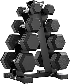 SPORTNOW Set di Manubri da Palestra con Supporto, 2x2kg, 2x5kg, 2x8kg, 2x10kg, Manubri per Palestra Esagonali con Supporto in Ghisa e Gomma con Impugnatura Antiscivolo, Allenamento Fitness Casa, Nero