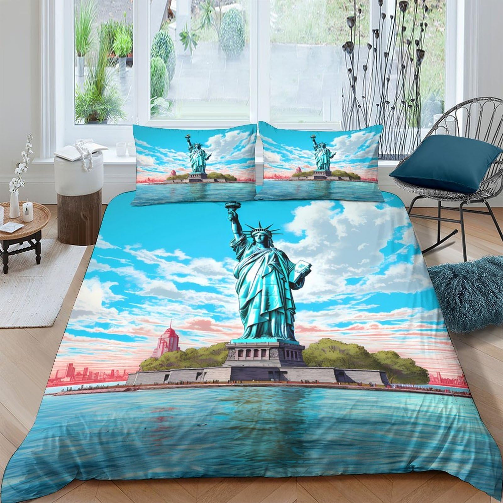 Ctjqhvkz Style-9 3D Printed Statue Of Liberty Fitted Sheet Microfiber Blue Sky Bed Cover Slip-Resistant Machine Washable Decor For Bedroom Single（135X200cm）