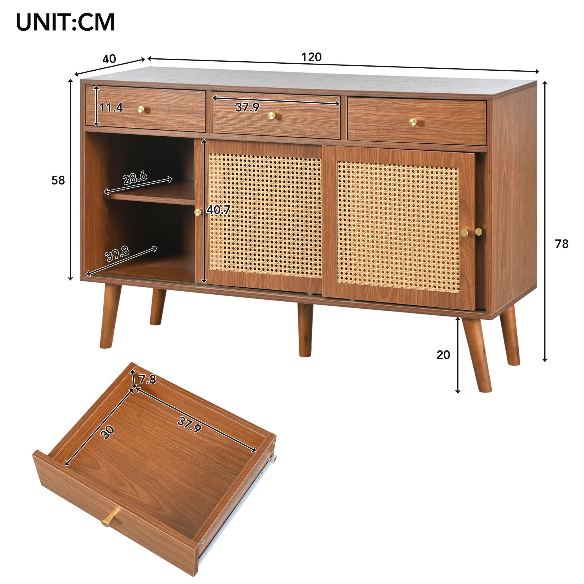 Kredens z plecionki rattanowej i dębu, komoda retro z 3 szufladami i 3 drzwiami przesuwnymi, szafka z nogami z litego drewna i regulowanymi półkami, do salonu i jadalni, 120 x 40 x 80 cm