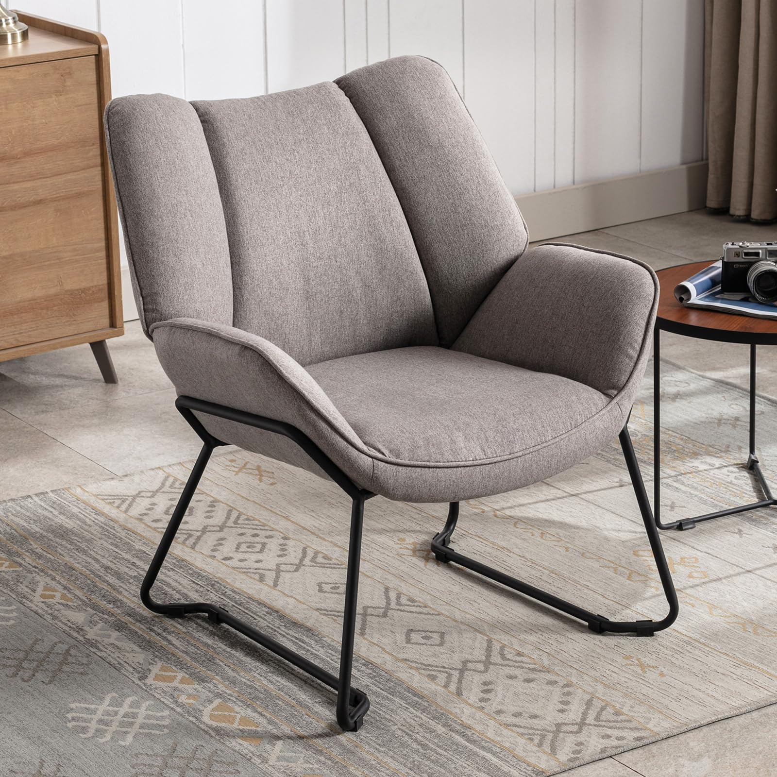 Ya-Home Sillones de Salón Individual de Lino Moderno, Butacas Pequeñas con Reposabrazos,Silla Lectura Silla de Ocio con Patas de Mrtal para Dormitorio/Sala de Estar,Gris