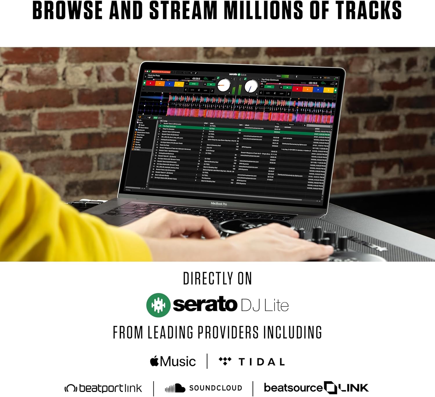 Numark Party Mix Live connected to a laptop running Serato DJ Lite with streaming services