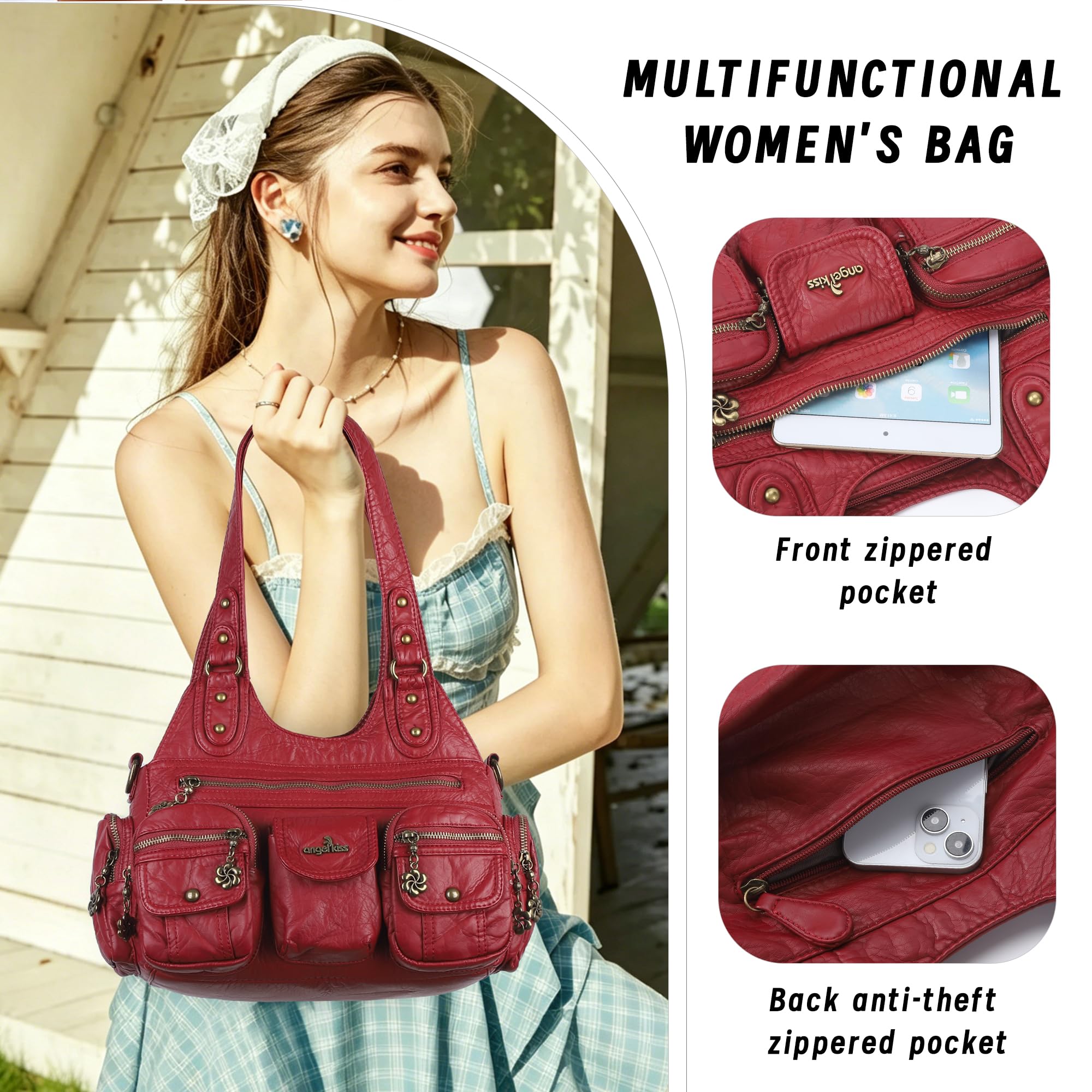 Angel Kiss Bolsos de Mujer Cuero PU Bandolera Mujer Tote Bag Impermeable Bolso Hobo Elegante con Cremallera de Múltiples Bolsillos, para Viajes, Compras, Trabajo, Uso Diario