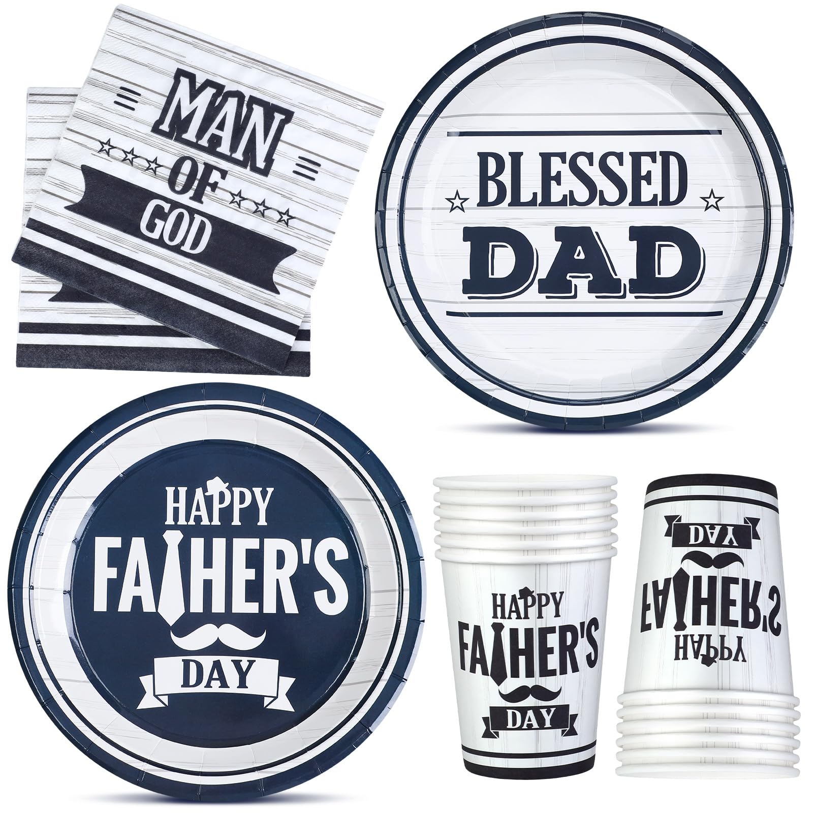 Photo 1 of 122 Pcs Happy Father's Day Plates and Napkins Set for 24 Guest Blessed Dad Paper Dessert Plates Cups and Napkin Kit Blue and White Disposable Tableware for Father Papa Grandpa Party Table Decorations