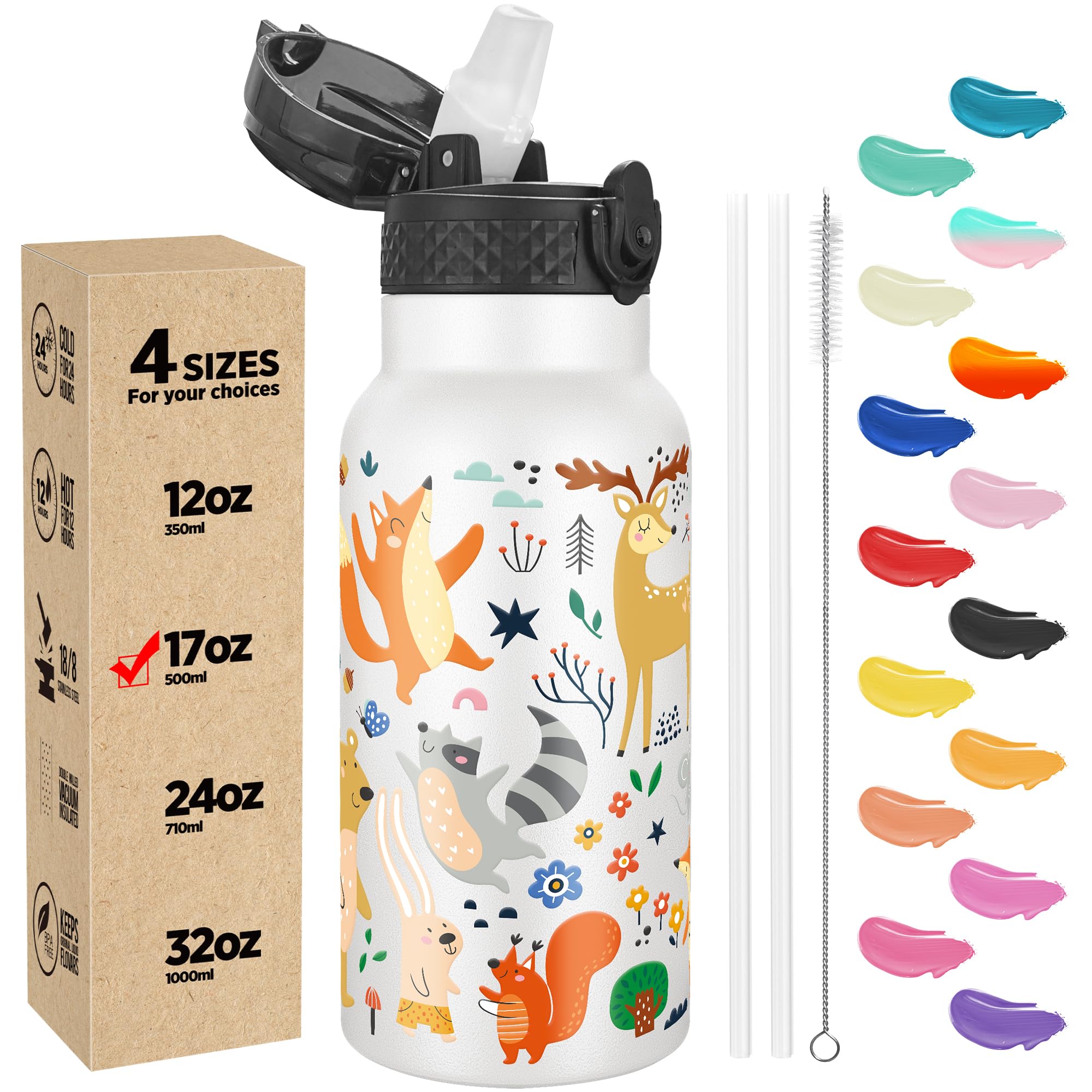 Han's Bottle Kids Water Bottle with Straw Lid - Insulated Stainless Steel Reusable Tumbler for Girls,Boys,Thermo Mug,17oz,Forest Animals