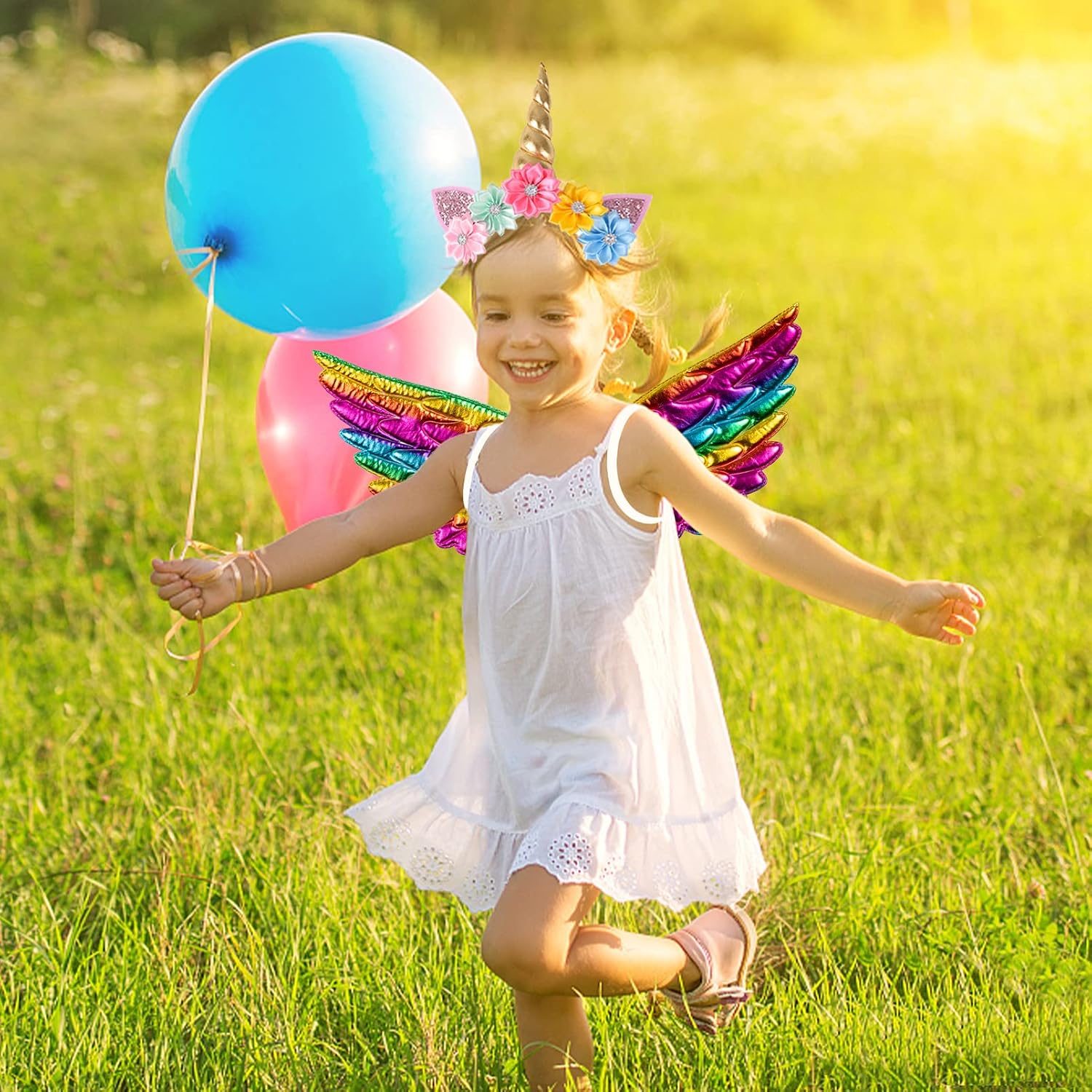 Girls' Fairy Wings with Unicorn Headband for Toddler 3-9 Birthday Party Princess Dress Up Toys Everyday Play Favors