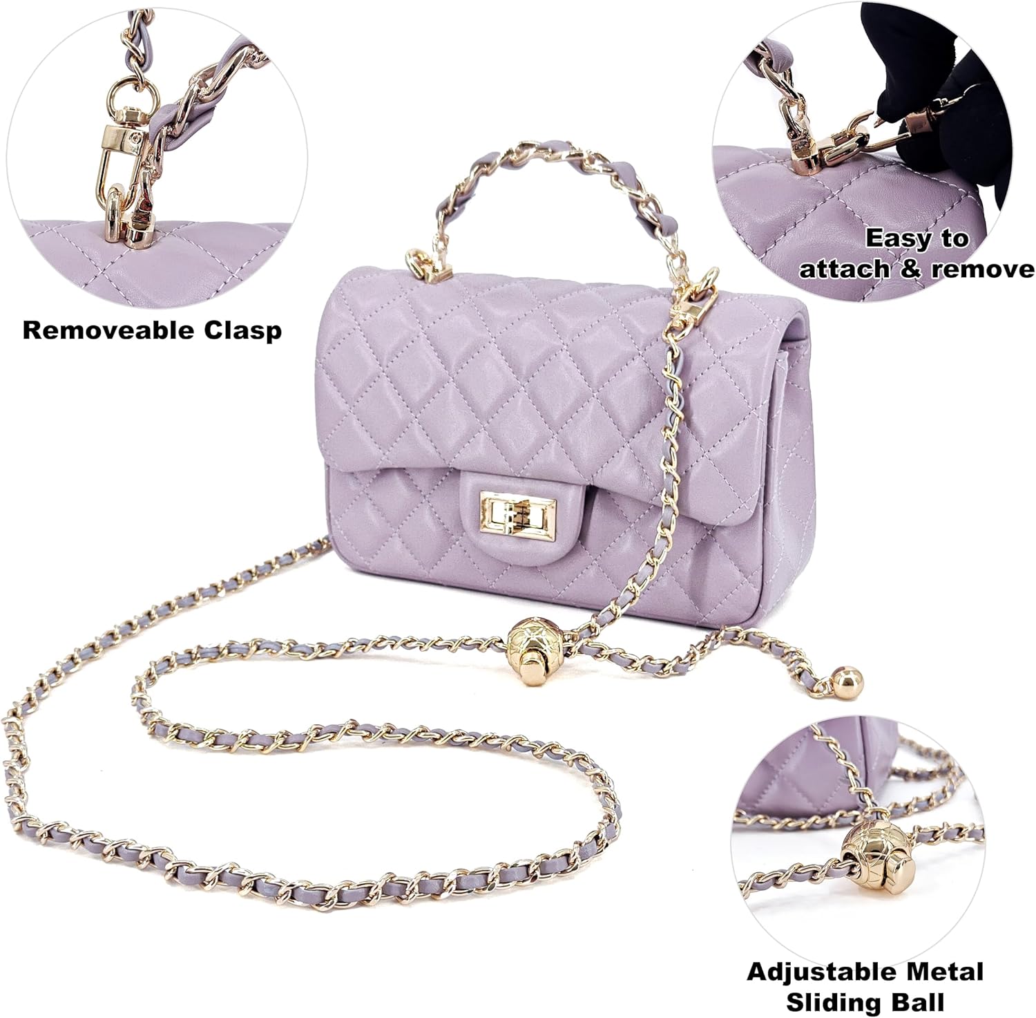 Small Quilted Crossbody Bags for Women,Leather Shoulder Bag with Gold Chain Strap,Metal Top Handle Flap Evening Purse - Image 3