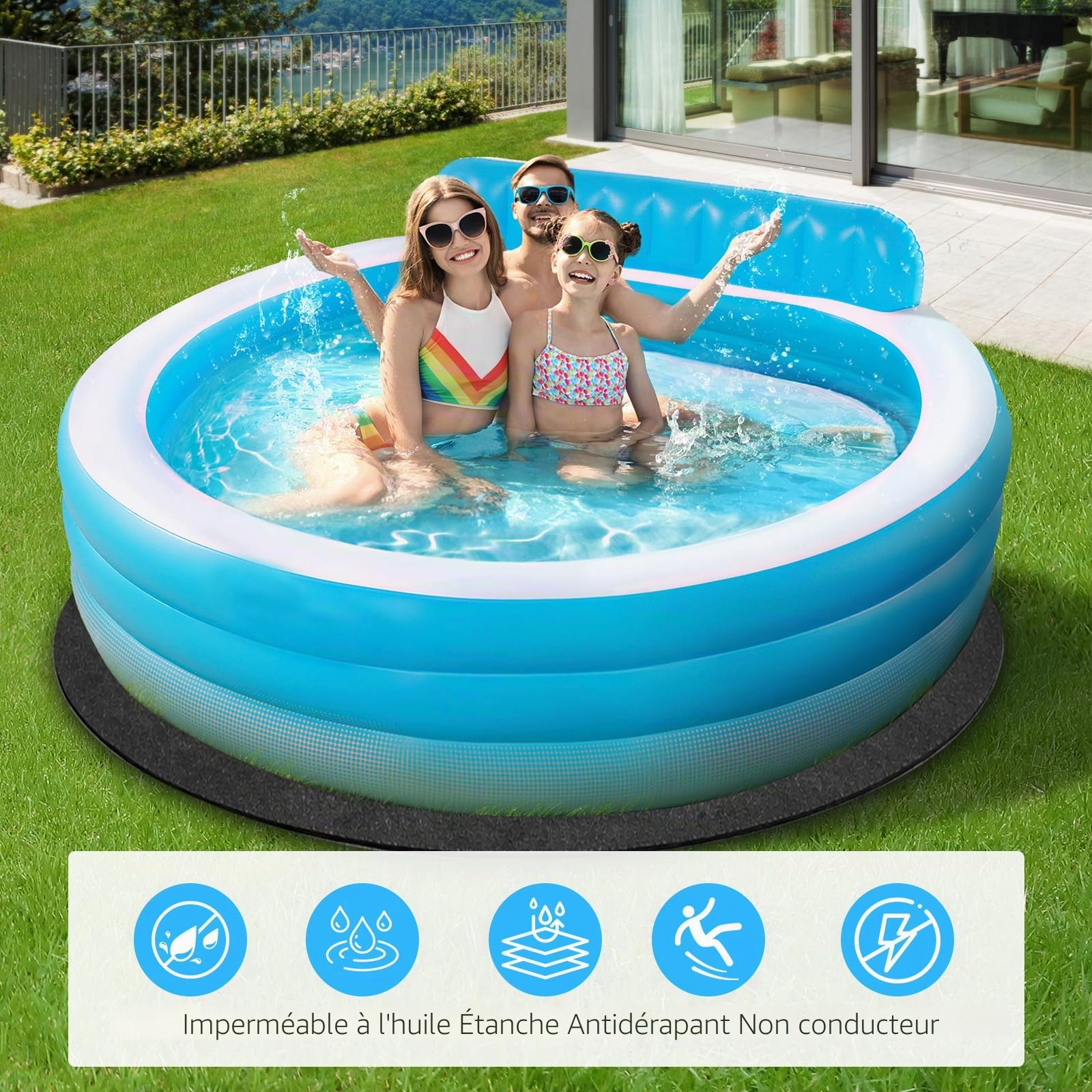Couverture de piscine ronde 370 cm – sous-couche de piscine antidérapante pour l'extérieur, sous-couche de protection de fond de piscine pour piscines hors sol et spas, pliable, robuste