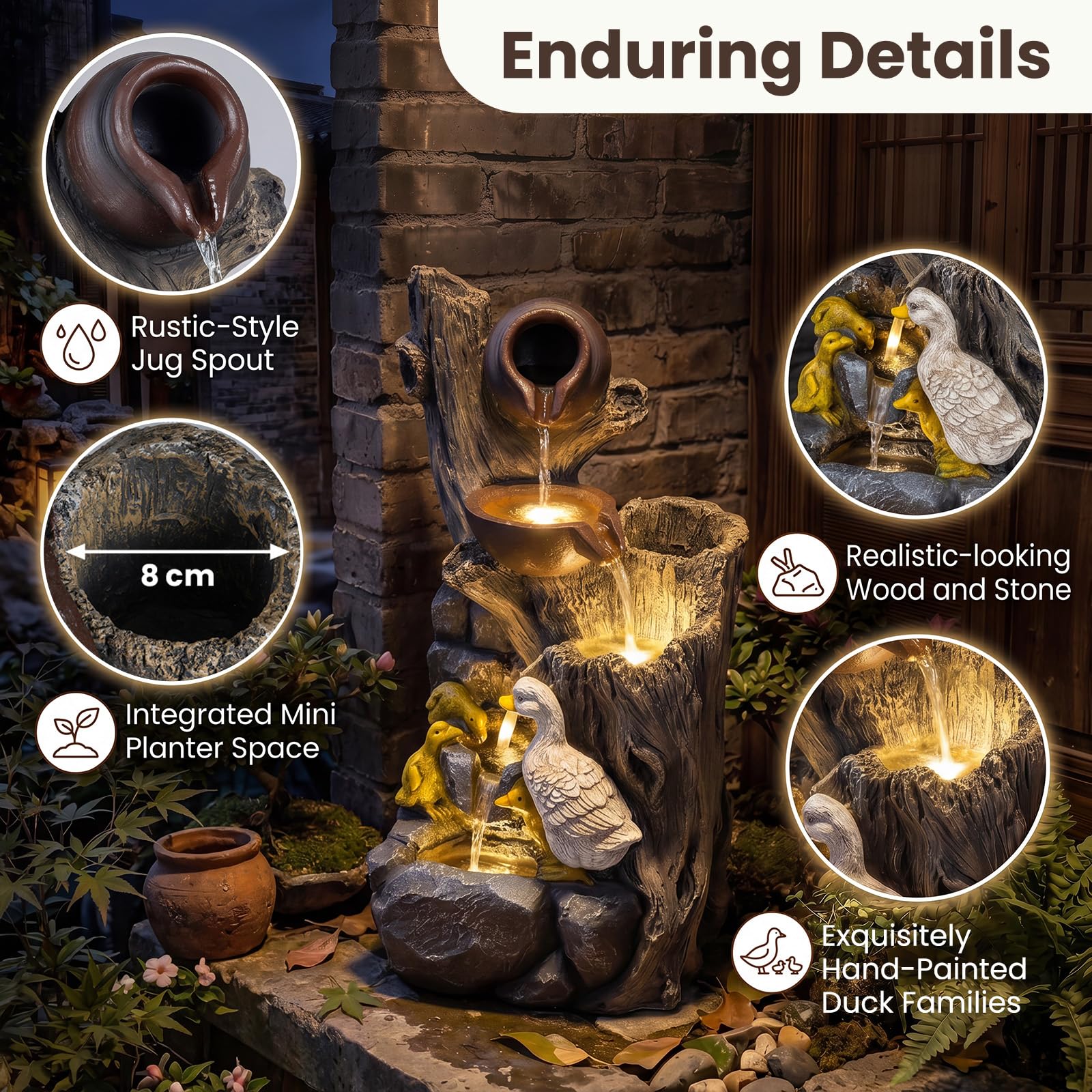 HOMASIS Gartenbrunnen, 57 cm Terrassenbrunnen mit LED-Beleuchtung | Springbrunnen wetterfest aus Kunstharz mit Pumpe, Wasserbrunnen mit Teekannen, Steinoptik & Enten für Garten & Terrasse