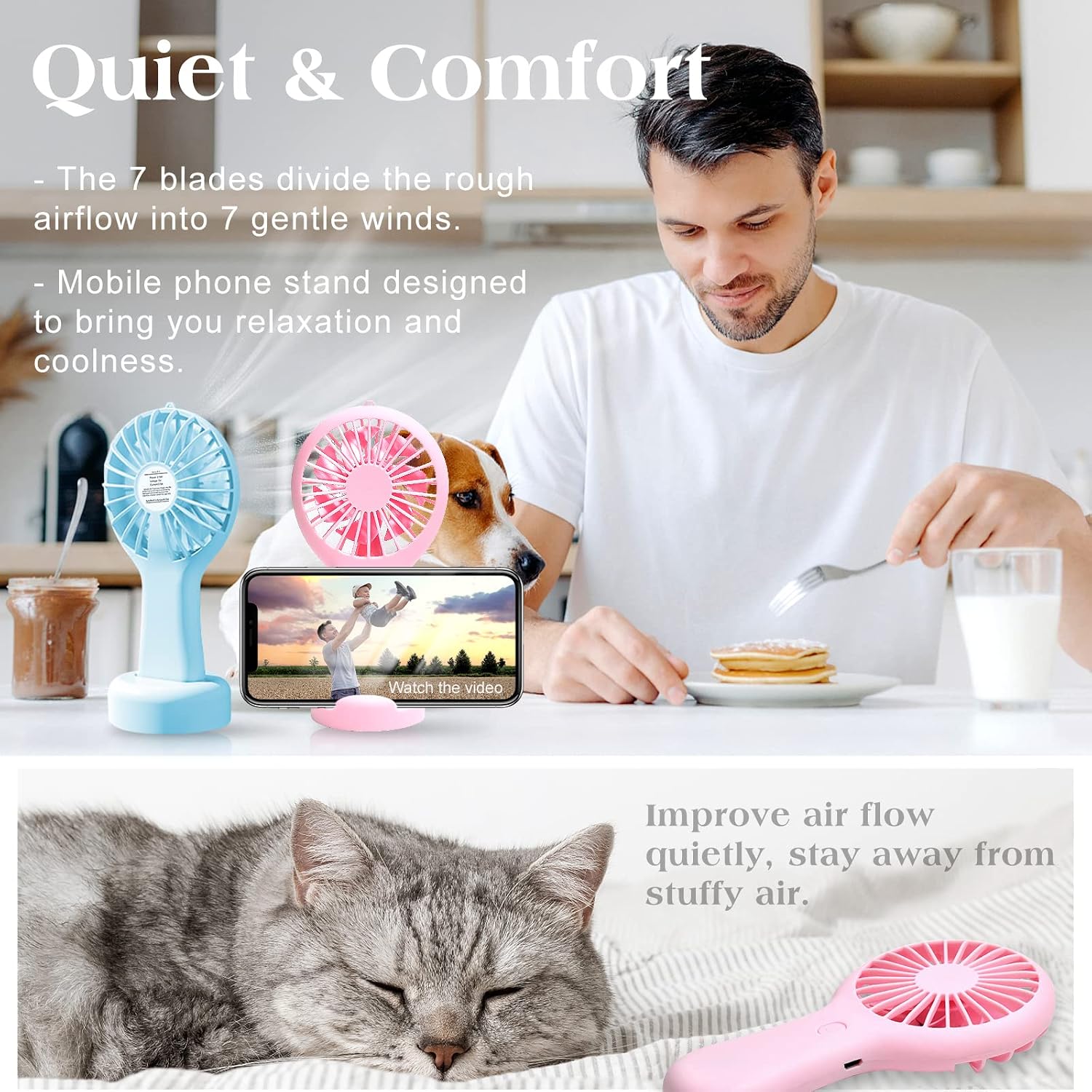 Ktebo Portable Fan Rechargeable 2 Pack, Strong Wind USB Handheld Fan Personal Fan with Base, 3 Speed Adjustable Lightweight Eyelash Fan Makeup Fan, Cooling for Girl Women Men Indoor Outdoor Travelling