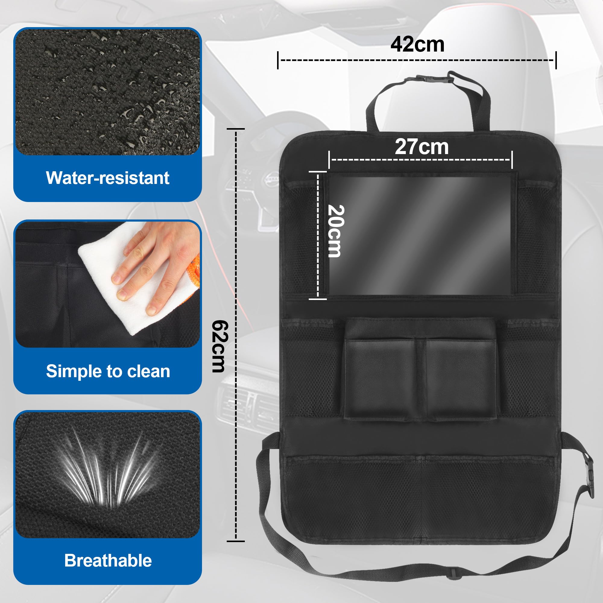 JIYANA 2 Piezas Organizador Asiento Coche Niños, Protector Asiento Coche en Tela Oxford 600D Resistente al Desgaste, Organizador de Asiento para Respaldo con 10 Bolsillos Multifuncionales