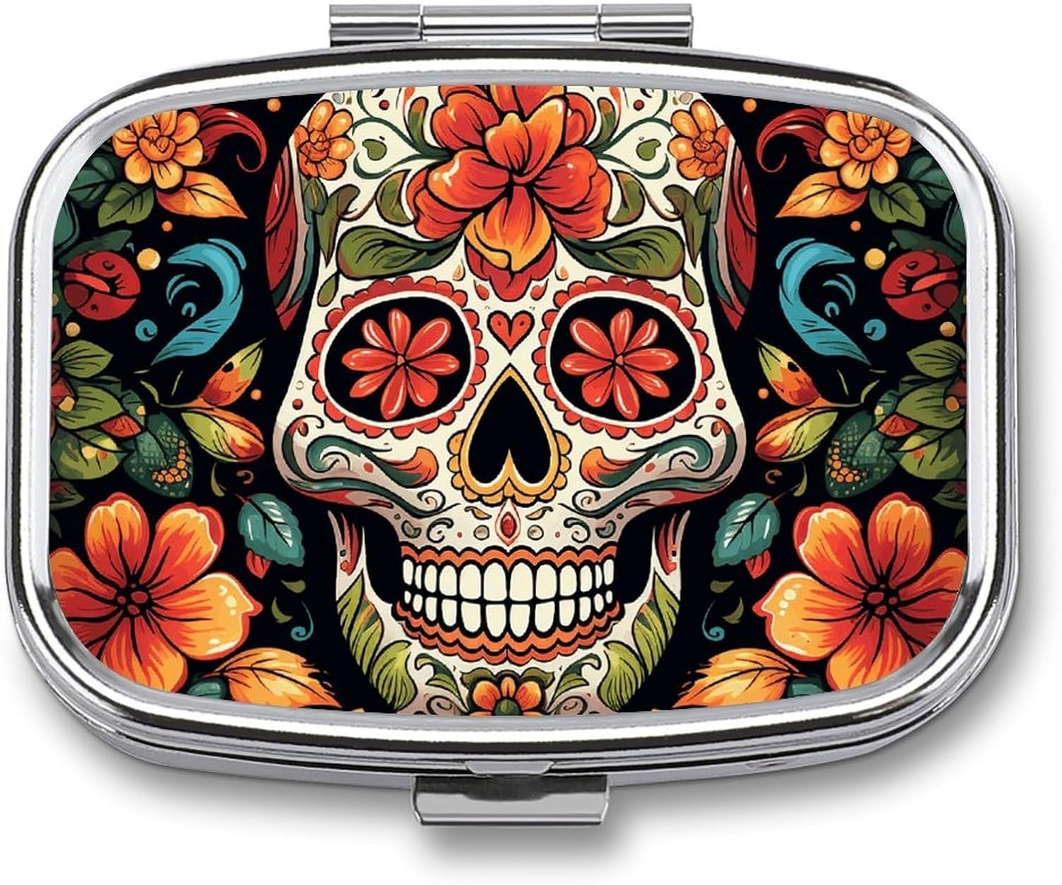 Colorful Sugar Skull Square Pill Case, Metal Pill Organizer