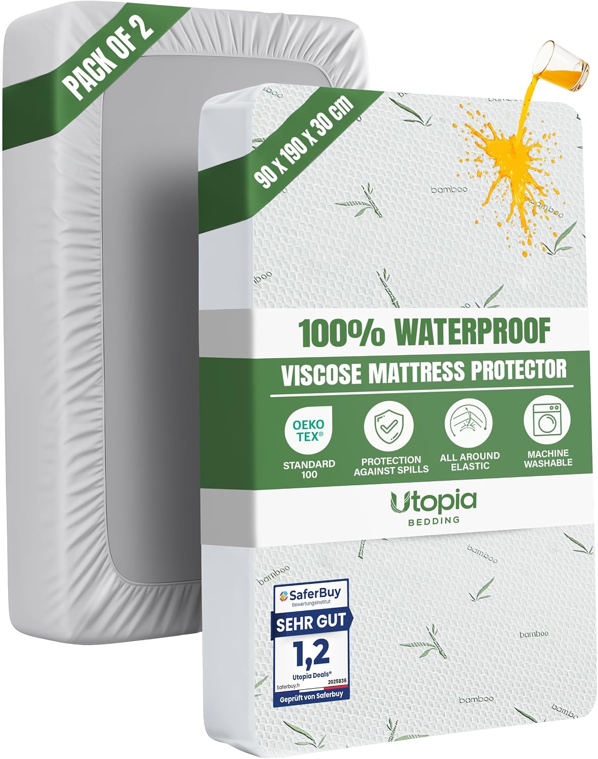 Waterproof Viscose Mattress Protector, Single Bed 90x190x30 cm, Pack of 2