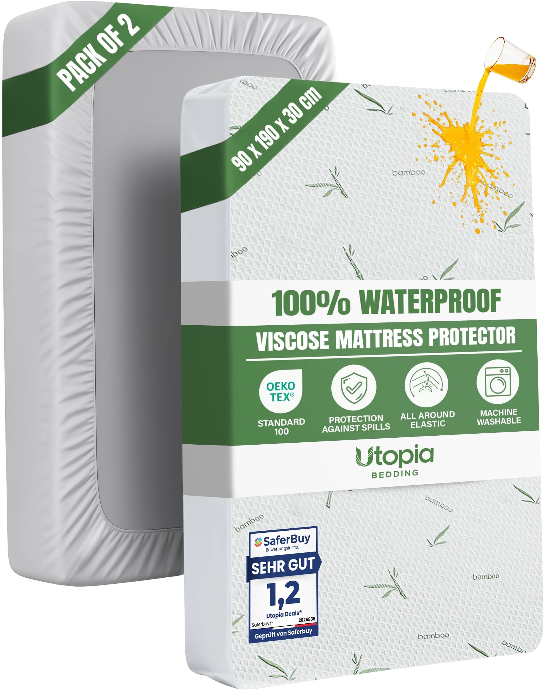 Utopia Bedding Waterproof Mattress Protector, Single Bed Size 90 x 190 x 30 cm (Pack of 2), Premium Mattress Cover, OEKO-Tex Certified, Breathable and Machine Washable