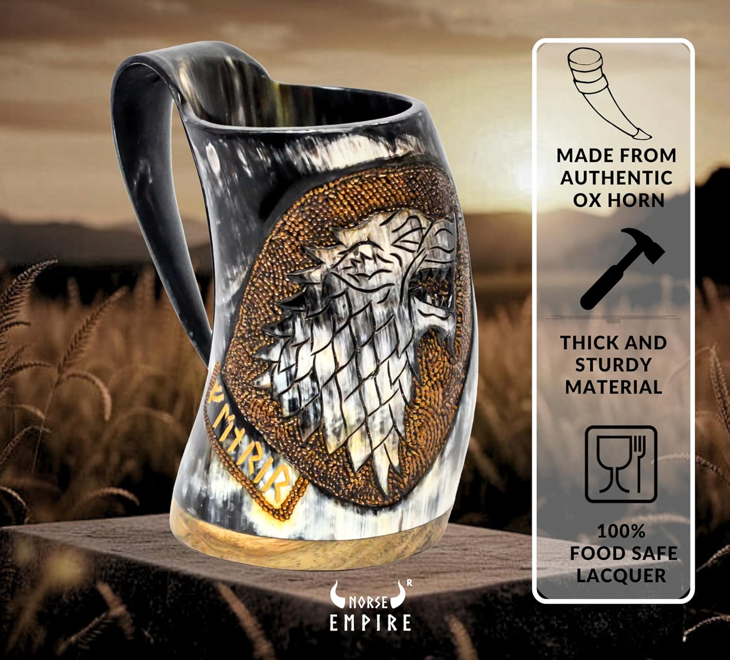 Viking OX Horn Mug16-20oz Engraved 3D FENRIR Hand PYROGRAPHY, Tankard & Coffee Stein 100% Authentic Medieval Presents for Men and Women, Home Accessories, Shot Glasses for Mead, Whisky and Beer Cup…