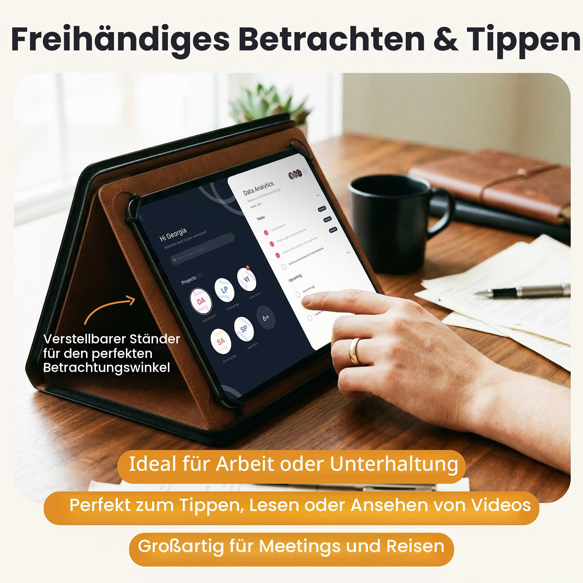 KHOMO Universal Padfolio Case - Portfolio Organizer für Tablet 8,5 bis 11 Zoll - PU Leder Notebook Pad Halter Ordner für iPad, Air, Pro & andere