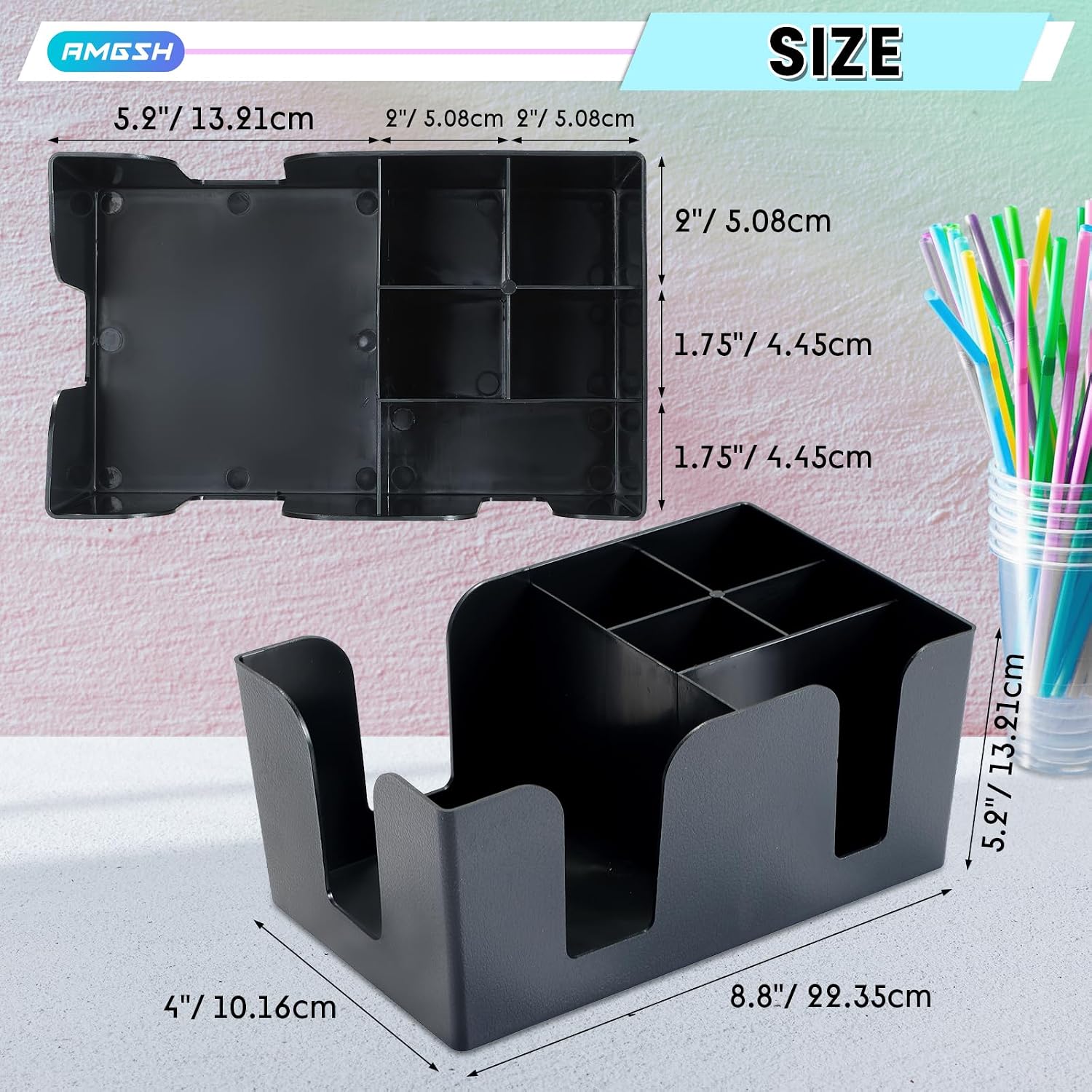 1 Pack 6-Compartment Bar Caddy Napkin & Straw Holder Organizer, Premium Black Plastic Bar Caddy Organizer for Napkins, Straws, Condiments, Stylish for Home, Office, Kitchen, and Bars