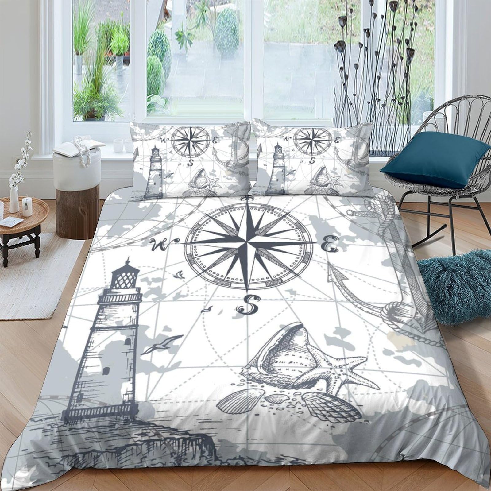 Ctjqhvkz Style-5 3D Printed Nautical Compass Fitted Sheet Microfiber Lighthouse Bed Cover For Bedroom Guest Room Decor Dustproof Single（135X200cm）