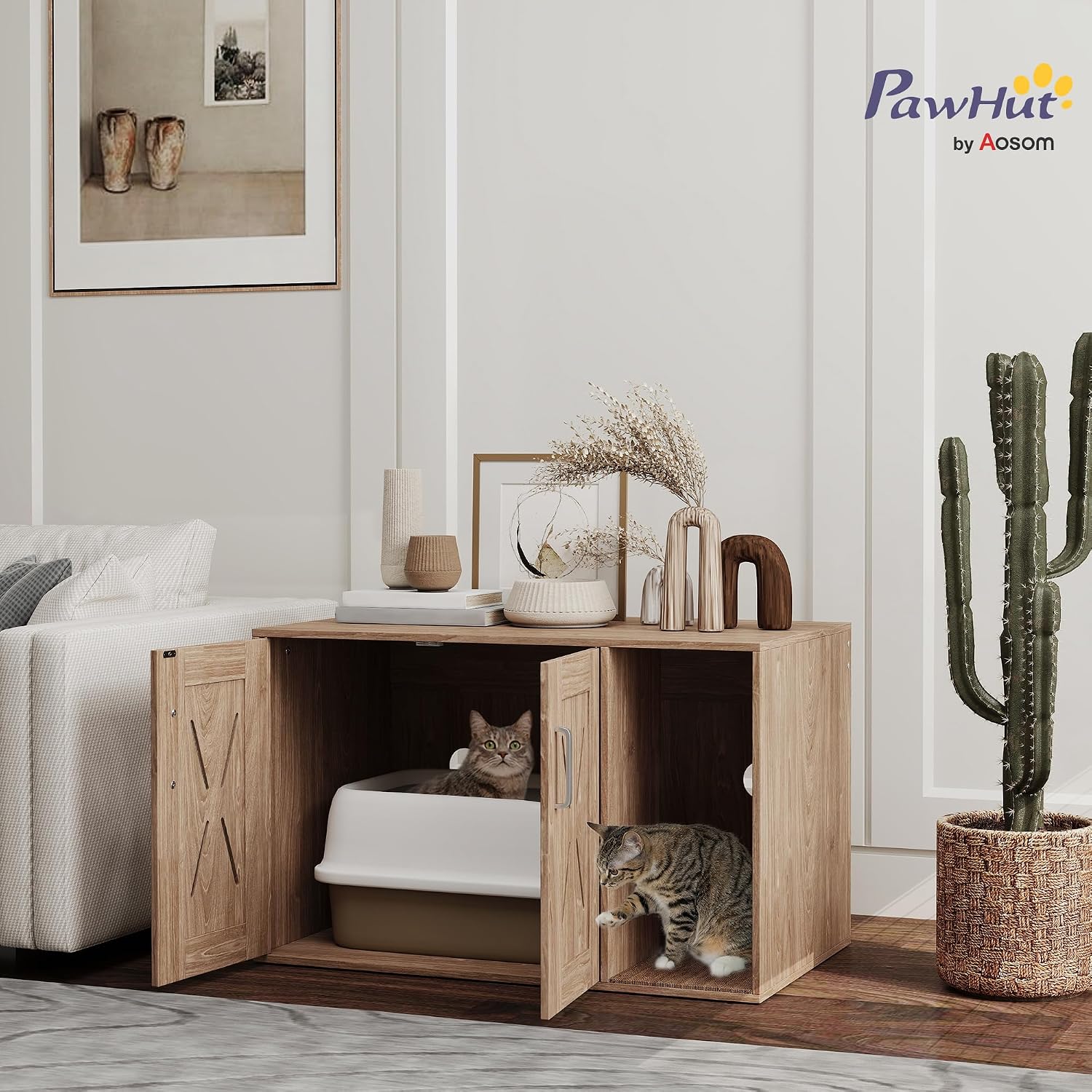 PawHut Cat Litter Box Enclosure, Hidden Litter Box Furniture with Scratching Board, Cat Washroom End Side Table for Indoor Use, 31.5" x 19" x 20", Walnut Brown
