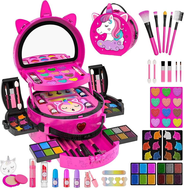 59 Pcs Kid Makeup Kit Toy for Girl, Gentle Washable Makeup Case with Mirror | Non-Toxic Variety Play Makeup with Peelable Nail Polish, Ideal Princess Pretend Play Toy Gifts for Girls 3 4 5 6 7 8 9 10+