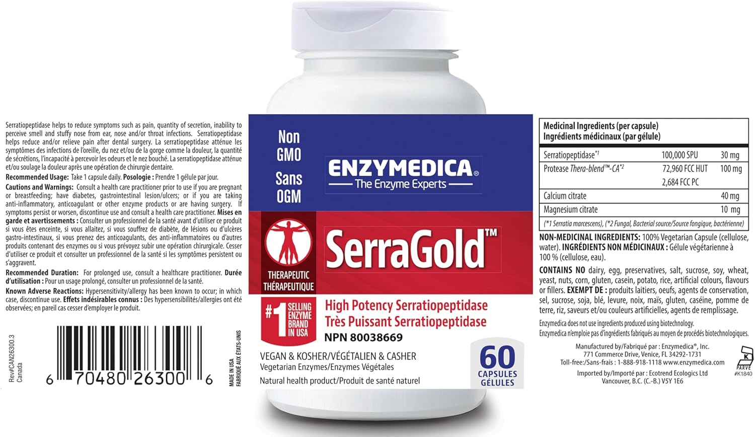 Enzymedica, SerraGold, High-Potency Serrapeptase Enzyme Supplement, Supports Respiratory, Heart & Immune Function, 60 Count