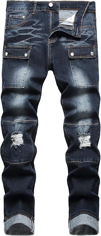 Mens Slim Fit Stretch Jeans Ripped Skinny Jeans for Men, Fashion Straight Leg Comfort Flex Waist Cargo Denim Pants