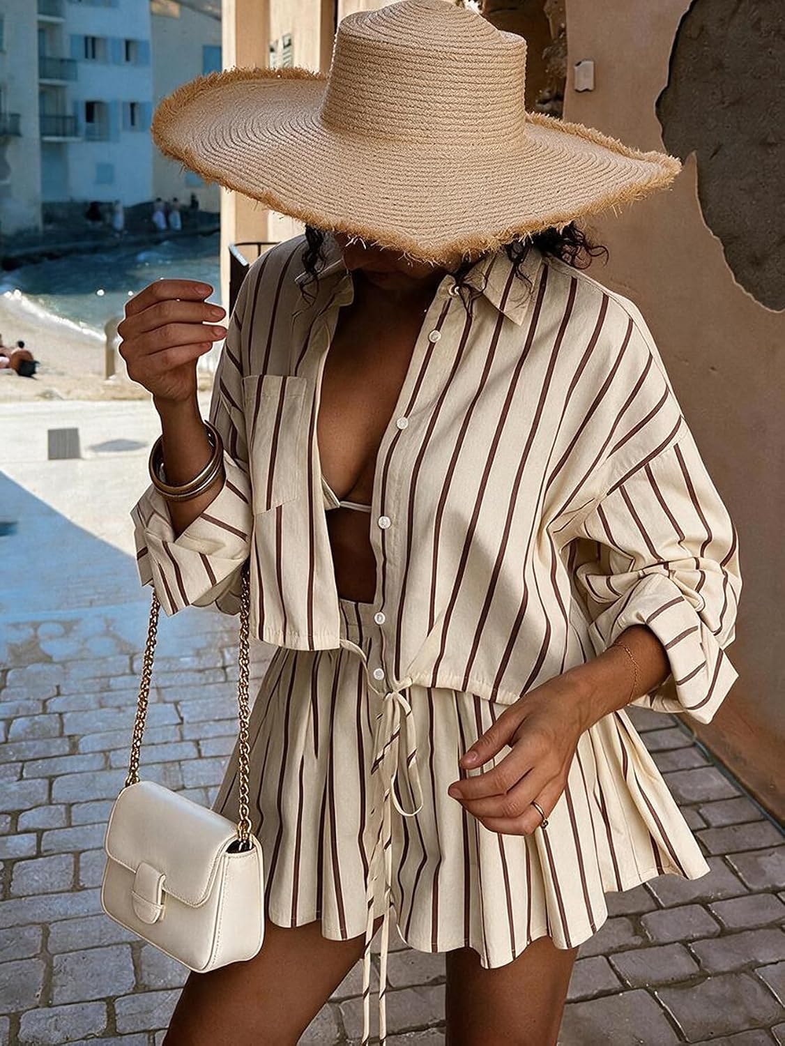 Women's Striped 2 Piece Button Down Crop Top & Pleated Skirt Sets