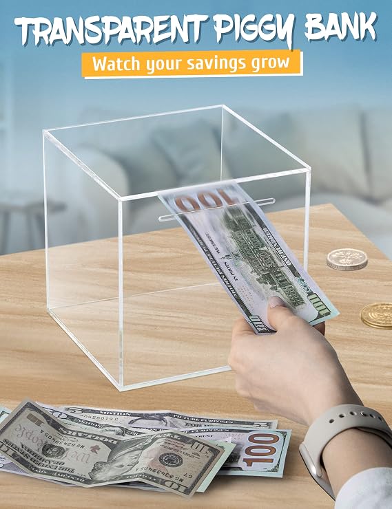 Clear Acrylic Piggy Bank, Unopenable Money Box for Coins - 5.9 | Clear Acrylic Shows Savings, Break-To-Open Prevents Withdrawals, Holds Coins & Bills, for Adults & Kids Needing Control