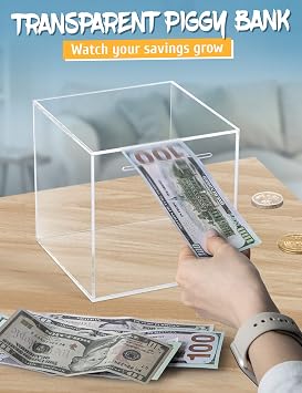 Clear Acrylic Piggy Bank, Unopenable Money Box for Coins - 5.9 | Clear Acrylic Shows Savings, Break-To-Open Prevents Withdrawals, Holds Coins & Bills, for Adults & Kids Needing Control