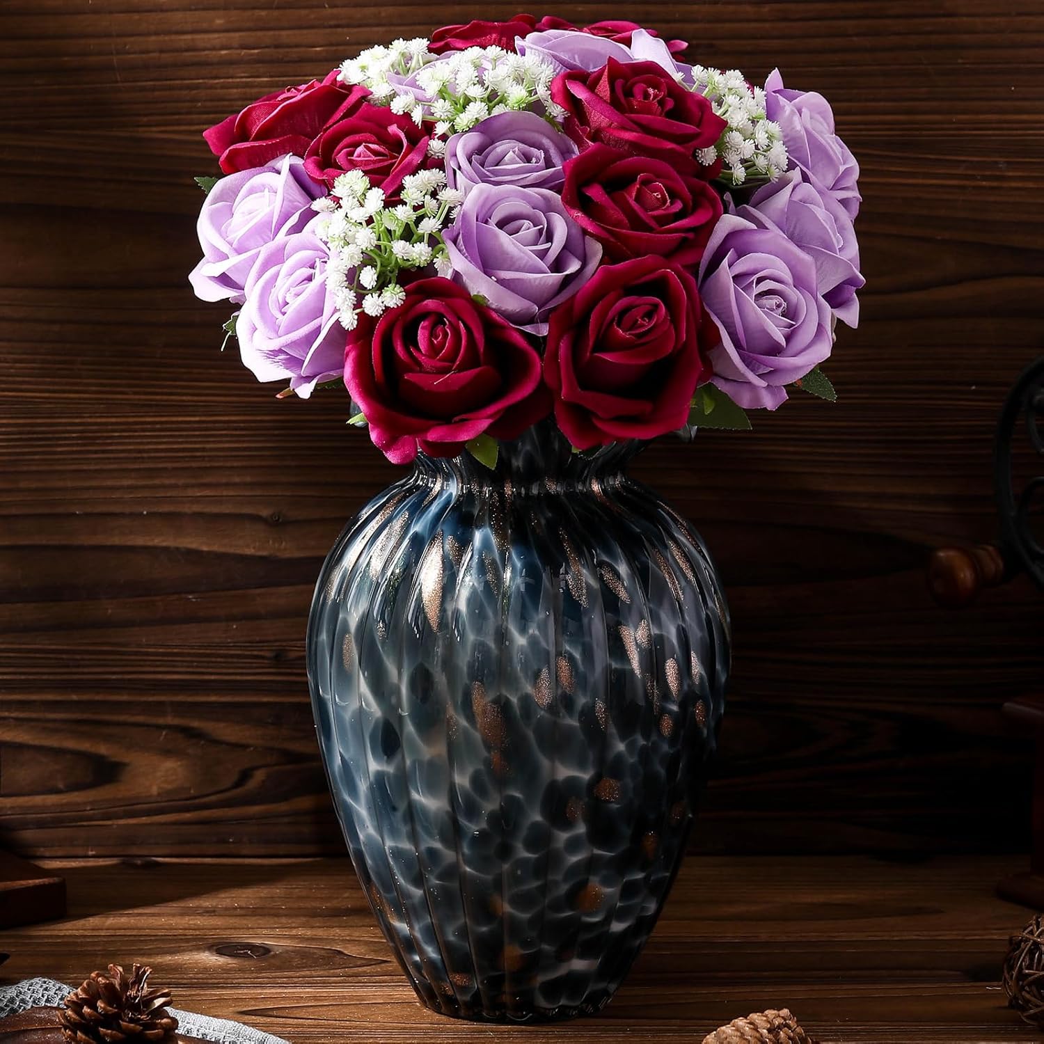Riceshoot 60 Pcs Mother's Day Artificial Rose Flowers Bulk Fake Silk Rose Bouquet with Stem Gypsophila Flowers for Spring Wedding Bridal Party Vase(Purple,20" X 3")