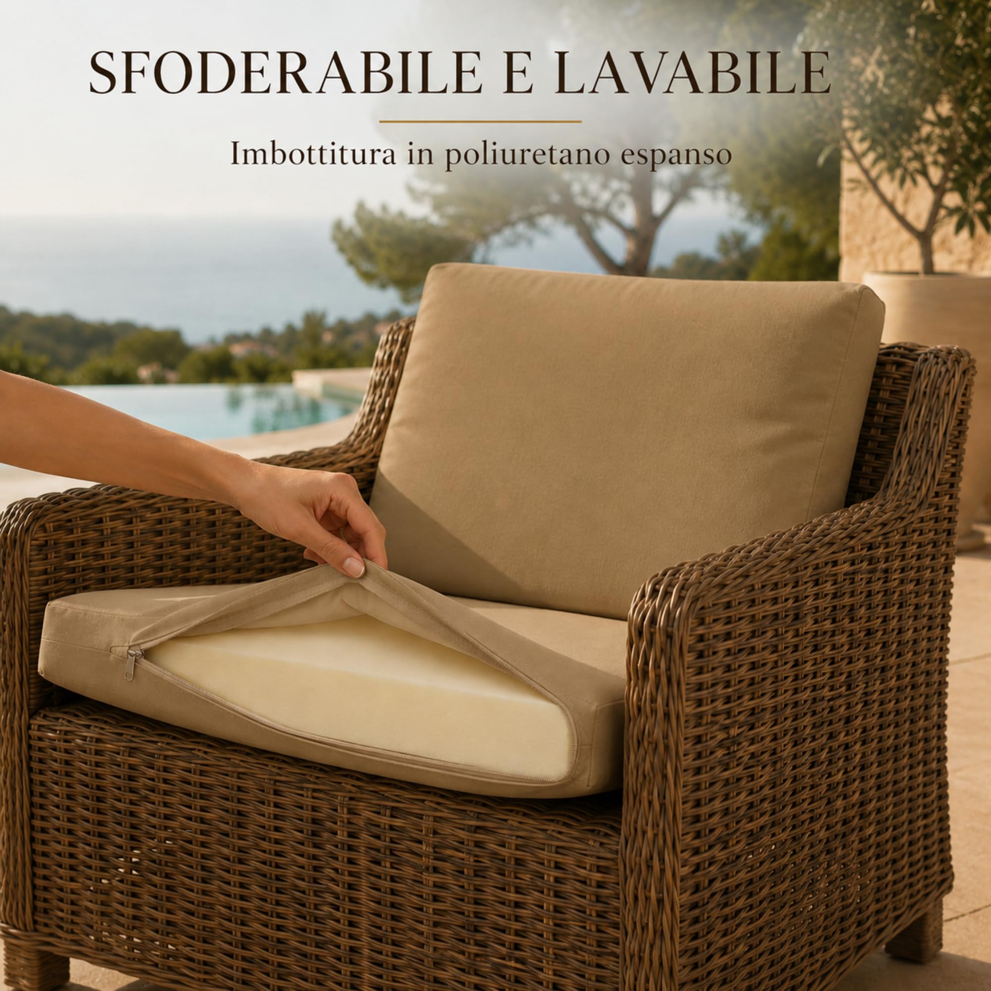Cuscini Per Divano Esterno Giardino e Poltrone, 57 x 51 x 5cm, Alta Qualità | Set 2 Sedute e 2 Schienali Sfoderabili e Lavabili, Imbottitura Poliuretano, Tessuto Oeko Tex, Grigio, Made in Italy Tecnocuci