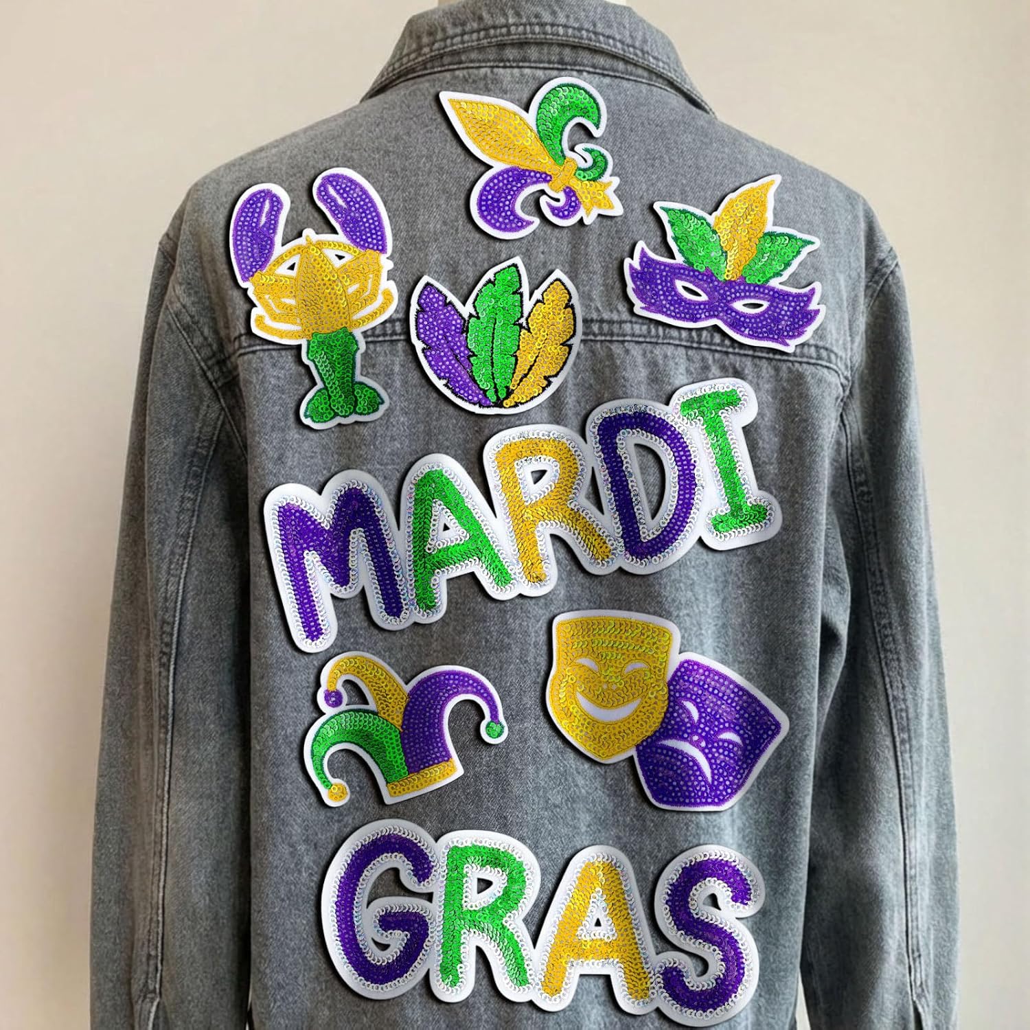 Lyrow 18 Pcs Self-Adhesive Mardi Gras Sequin Patches Glitter Carnival Fleur De Lis Mask Crown Sew on Embroidered Applique Repair Patch for Holiday Jeans Jackets Clothes Backpack Cap DIY Crafts Making - Image 4