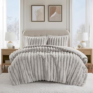 Madison Park King Comforter Set Reversible Faux-Fur Plush Comforters for King Size Bed, All Season Luxurious Ribbed Velvet Comforters Queen Size Bedding Set, Jasmine, King, Light Gray 3 Piece