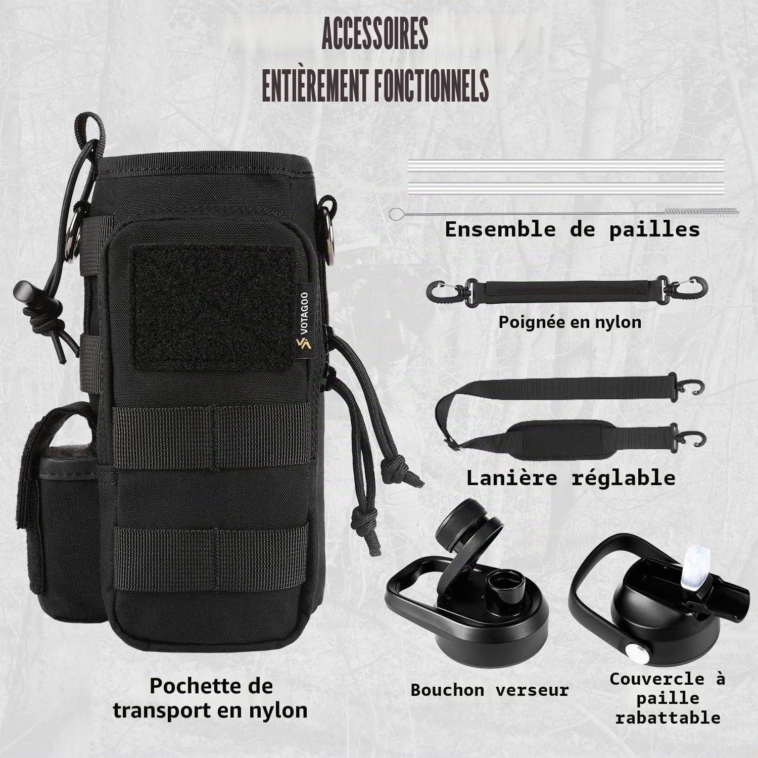 Bouteille d'eau tactique en acier inoxydable - Bouteille isotherme pour l'extérieur, la randonnée, le camping, la chasse - 32 oz - Noir