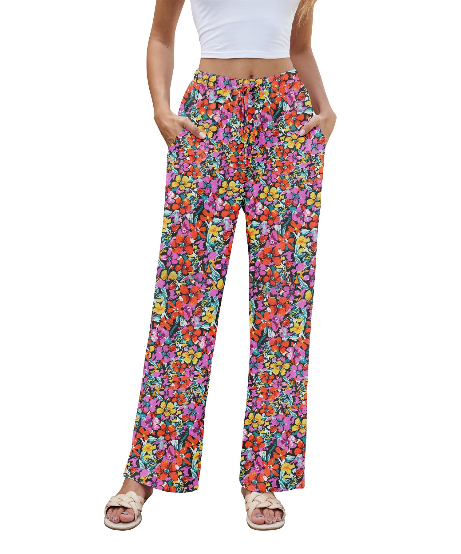 KUOTAI Womens Casual Elastic High Waist Wide Leg Pants Summer Flowy Beach Palazzo Trousers with Pockets