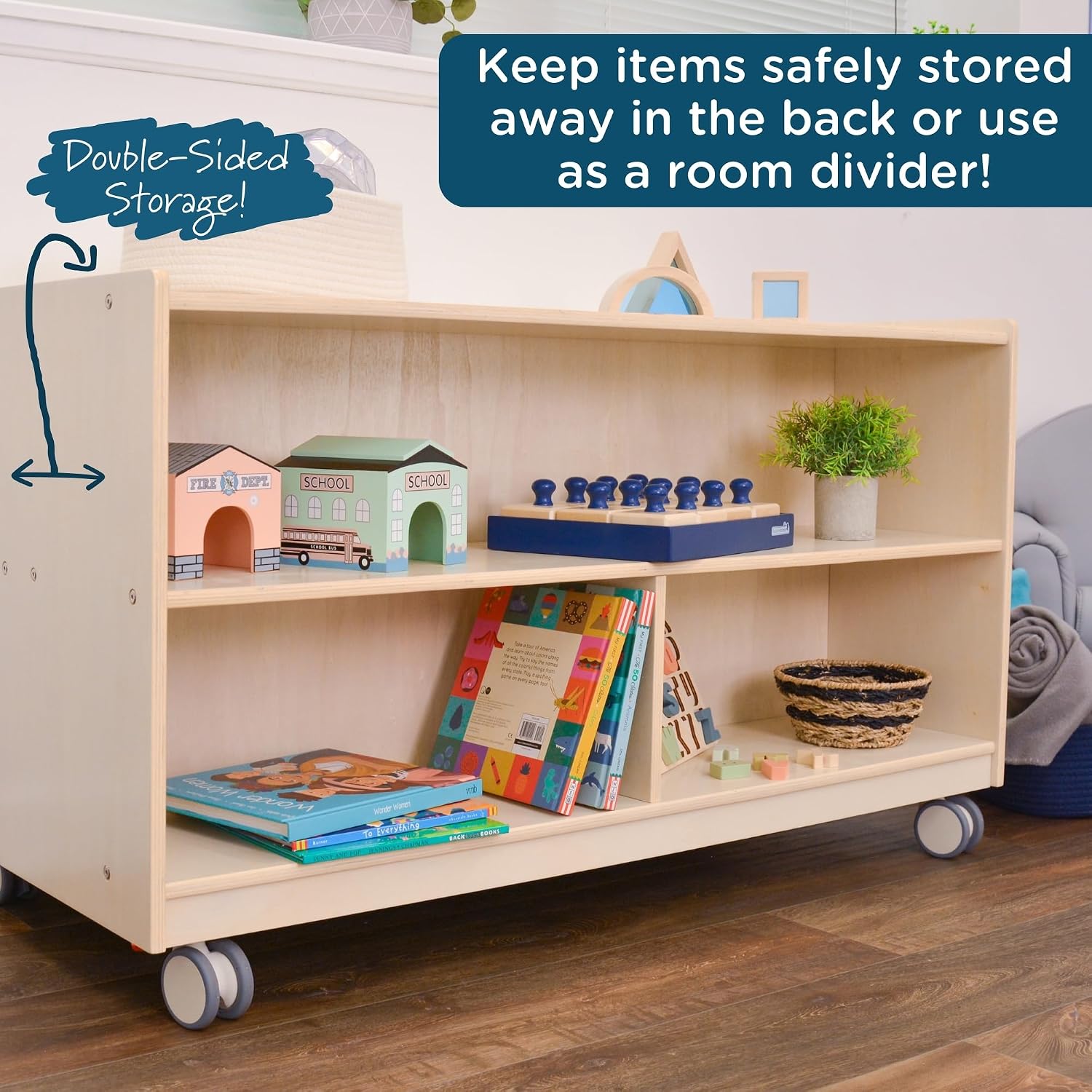 Children’s Factory Mobile 30" H Double-Sided Storage, Kids Nursery, Preschool or Classroom Furniture, Daycare Reading Nook Bookshelves, Playroom Cubbies, Assembly Required
