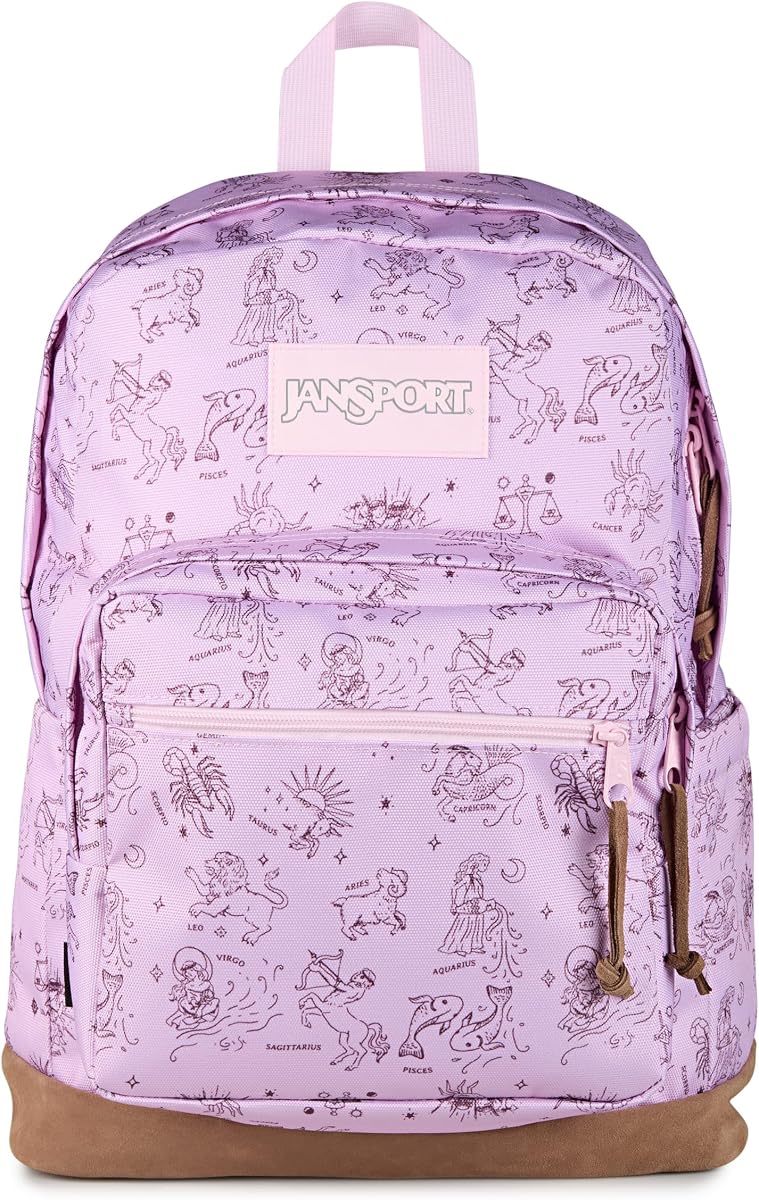 JanSport Right Pack Mochila - Mochila duradera con funda acolchada para portátil de 15", amplio compartimento principal y bolsillo integrado para botella de agua - Horoscope Horizons Pink Ice/Mahogany Haze