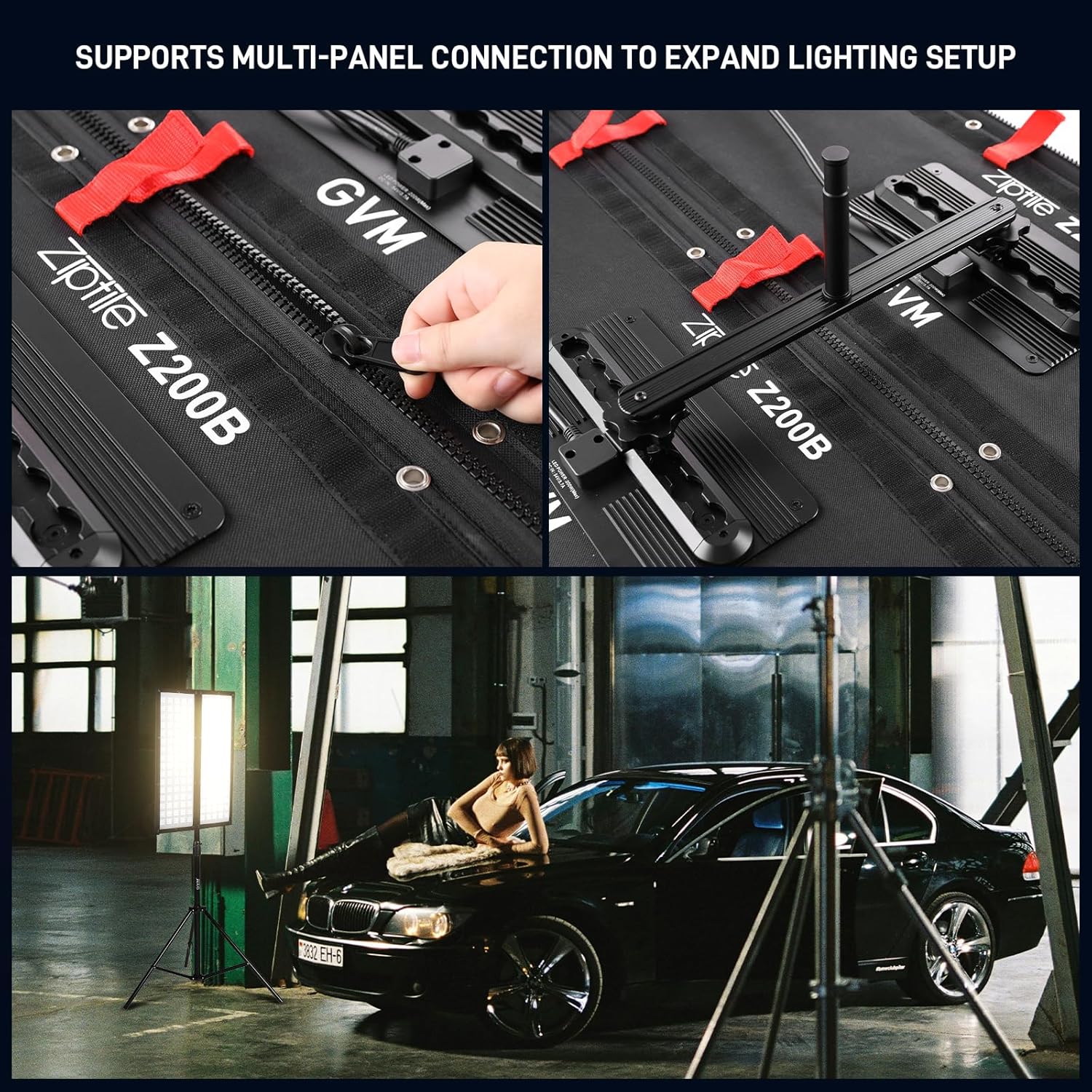 GVM 200W Bi-Color LED Light Panel, Z200B Ultra-Thin Expandable Soft Video Light 2700K–6800K CRI 97+, Modular Zipper Design, App & DMX Control Photography Light for Studio, Film & Live Streaming