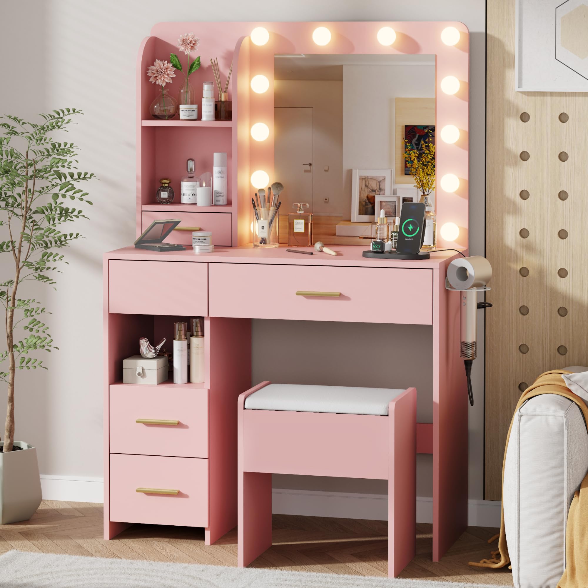 Otterease Vanity Desk with LED Lighted Mirror&Power Outlet, 3 Lighting Colors Makeup Vanity Desk with 5 Large Drawers and 3 Storage Shelves, Pink