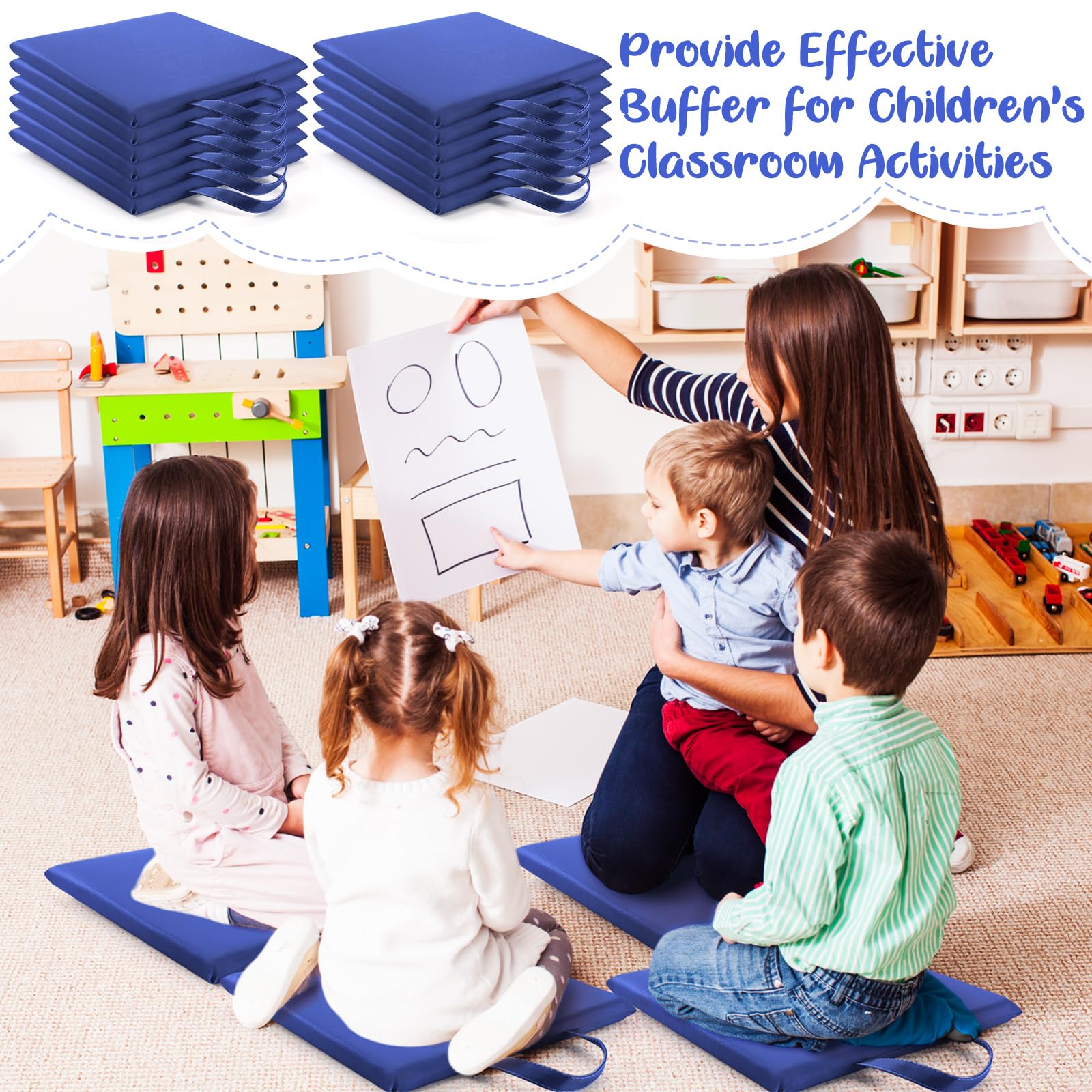 Cojines Cuadrados para el Suelo para el Aula Infantil, 30 x 30 cm, Asientos Flexibles para el Suelo, con Asas, Cojines de moqueta para el Aula para Adultos y niños pequeños, guardería(Navy)