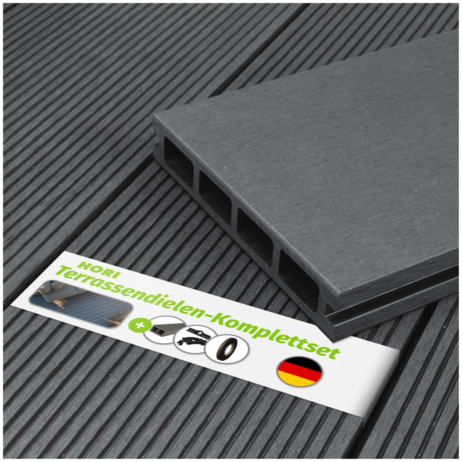 Produktbild von HORI® WPC-Terrassendiele Royal Hellgrau Hohlkammer | Komplettset Inkl. 45x45 Mm Unterkonstruktion & Clips | Langlebig & Pflegeleicht Für Terrasse Und Balkon Fläche: 5 M² I 3,00 M Dielenlänge
