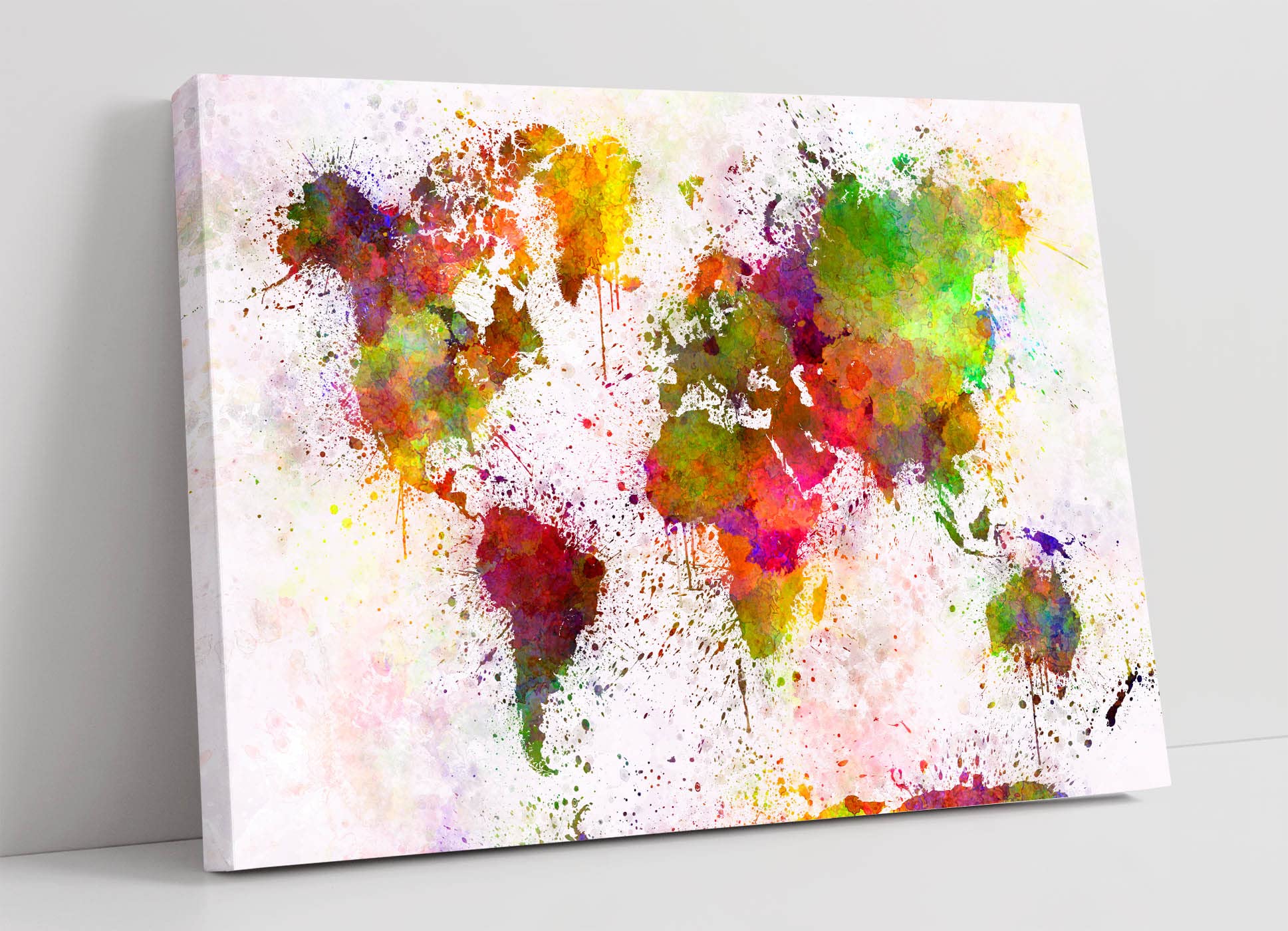 FRAMED CANVAS WALL ART PRINT ARTWORK WARM ABSTRACT WORLD MAP PAINT SPLATTER (30in x 20in / 76cm x 50cm)