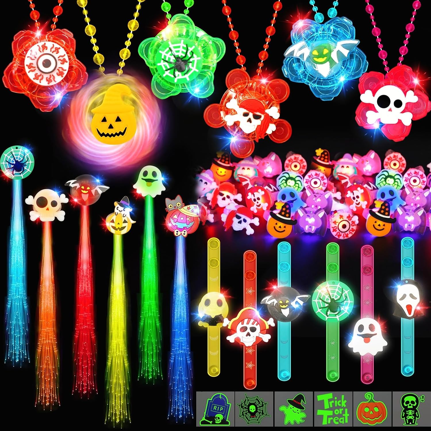 Halloween Party Favors for Kids, 84 PCS Glow in the Dark Toys Light Up Necklaces LED Bracelets Flash Rings Hair Lights Halloween Party School Classroom Prizes Goodie Bags Trick or Treats Gifts Style 1