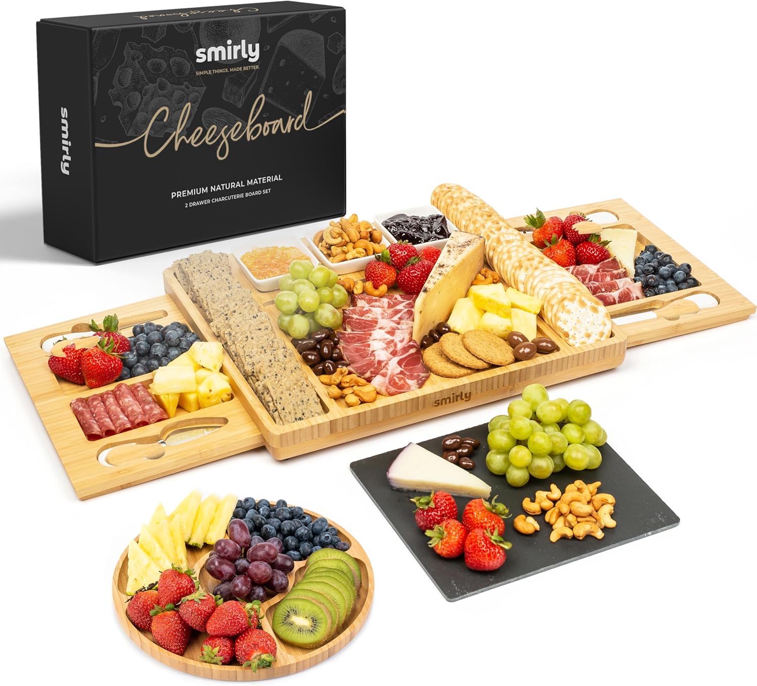 Smirly Charcuterie Board Set - Large Bamboo Cheese Board for Serving - House warming Gifts New Home, Wedding & Bridal Shower Gift, Birthday Gift for Women