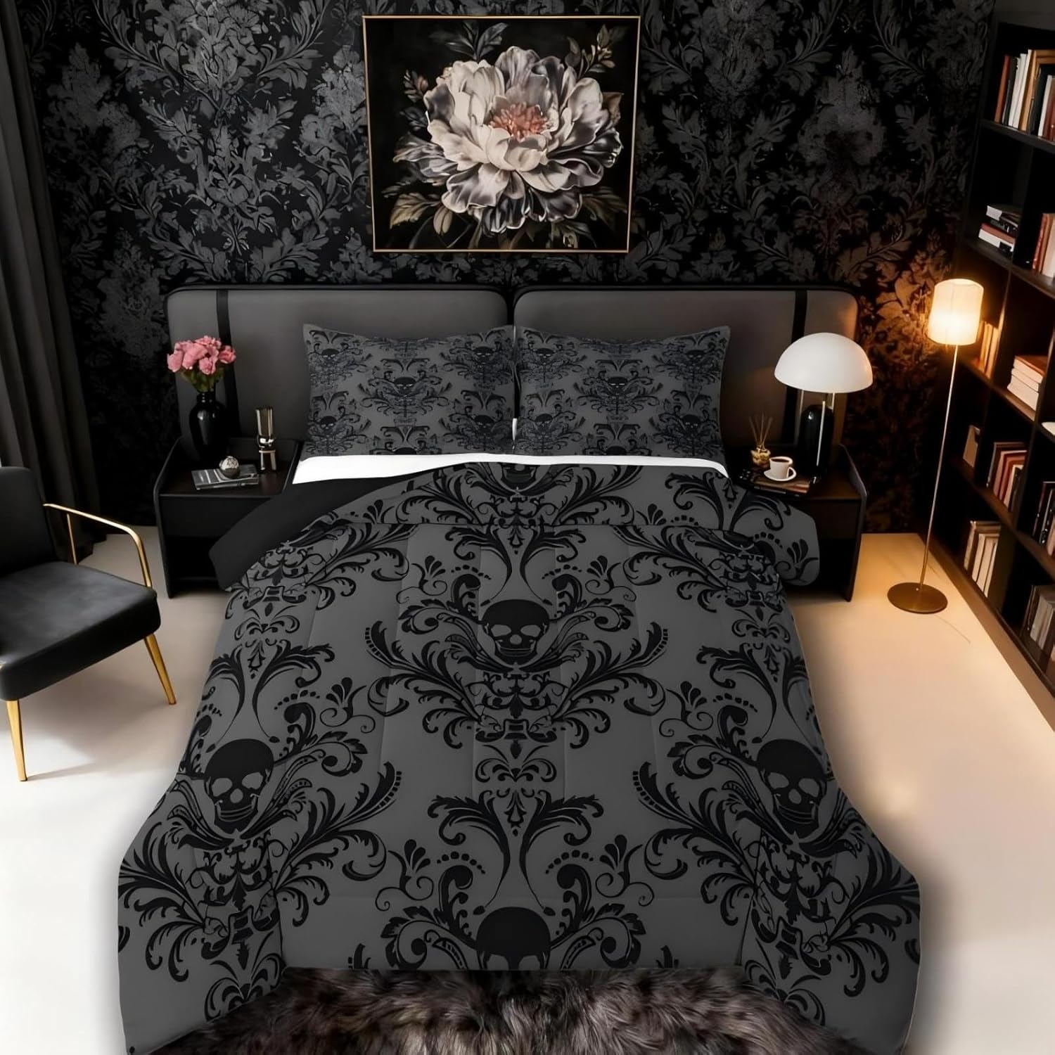 Adults Black Damask Bedding Comforter Sets Antique Victorian Baroque Queen Comforter Set Size Gothic Vintage Floral Quilt Exotic Sugar Skull Duvet Insert,Gothic Bone Skeleton Bohemian Decor,Grey
