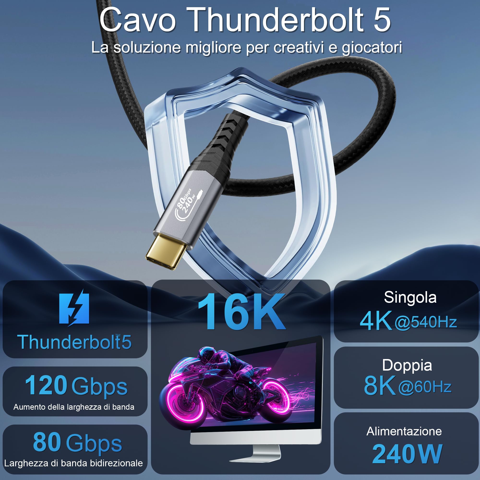 CABLAPTOP 80Gbps USB 4 V2.0 Cavo Thunderbolt 5 1m, unidirezionale fino a 120Gbps, Video 16K/Dual 8K@60Hz, 240W, Compatibile con Thunderbolt 4/3, USB C, Laptop,eGPU,Display,Smartphone